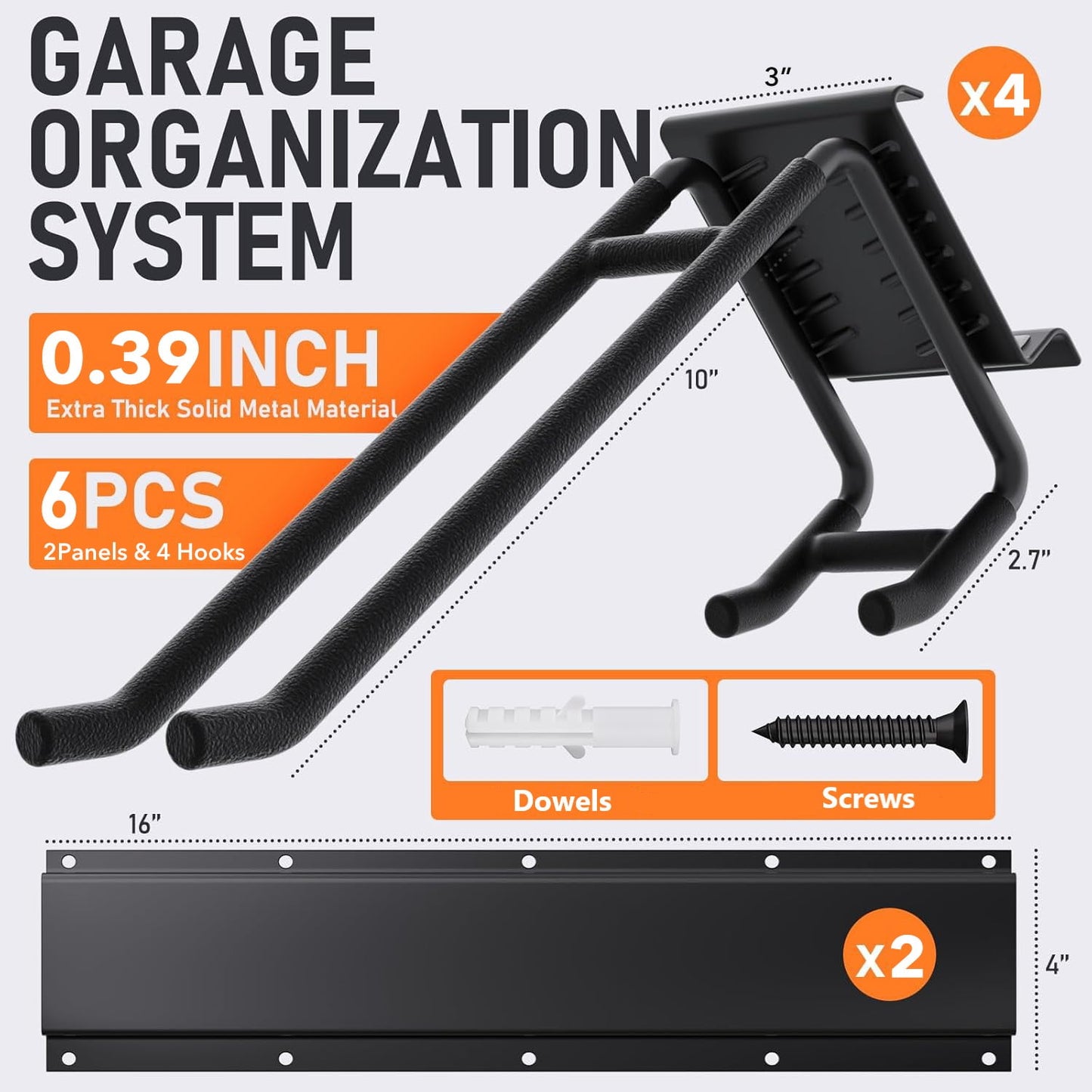 Behome Garage Tool Organizer Wall Mount, Heavy Duty Steel Garage Storage Rack, Max 620lbs Adjustable Garden Tool Organizer with 8 Hooks for Shovels, Power Tools