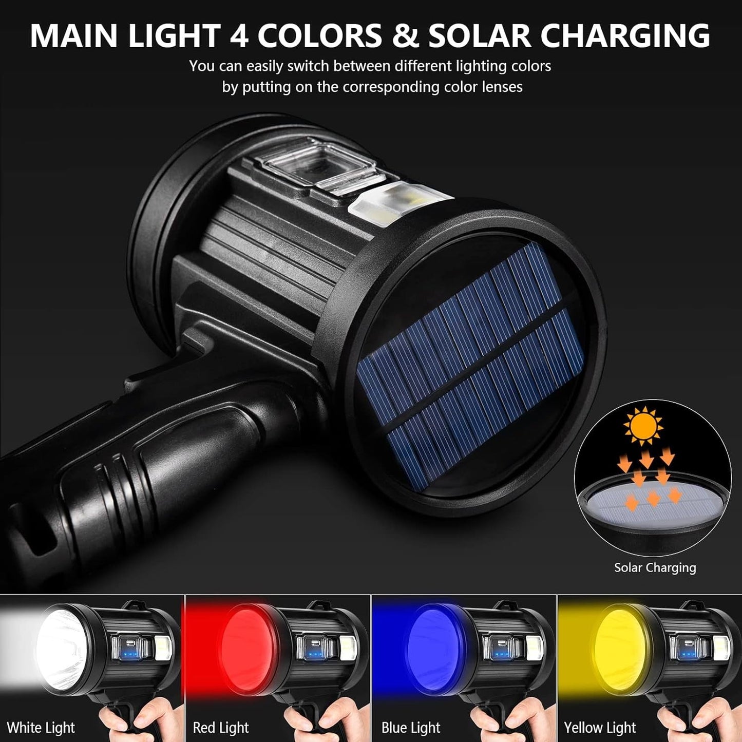 BN-LINK Rechargeable Spotlight, Handheld Hunting Flashlight Led Spot Light, Super Bright Solar Spot Lights Outdoor Handheld for Hunting, Boating, Camping