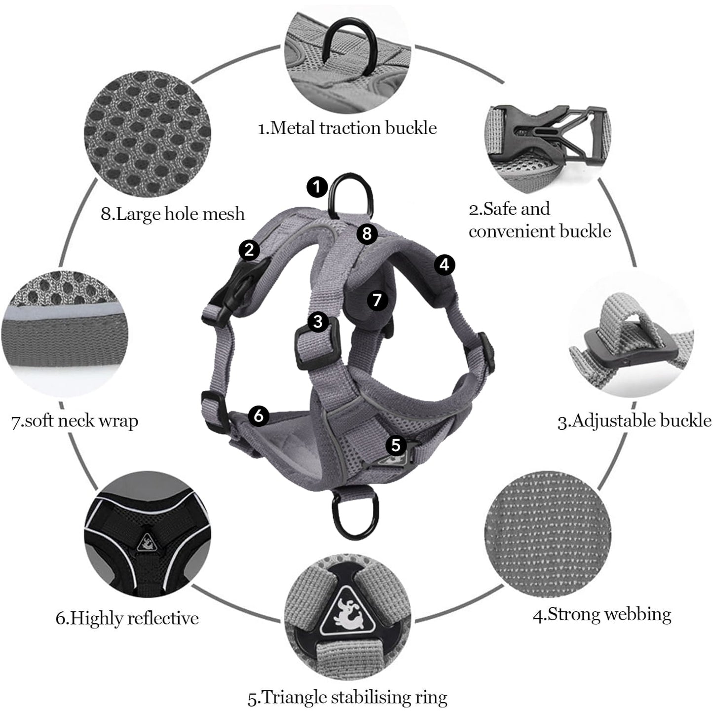 Behome Cat Harness and Leash Set for Walking, Escape Proof Soft Adjustable Vest Harnesses with Reflective Strips for Cat and Puppy, Gray, XL