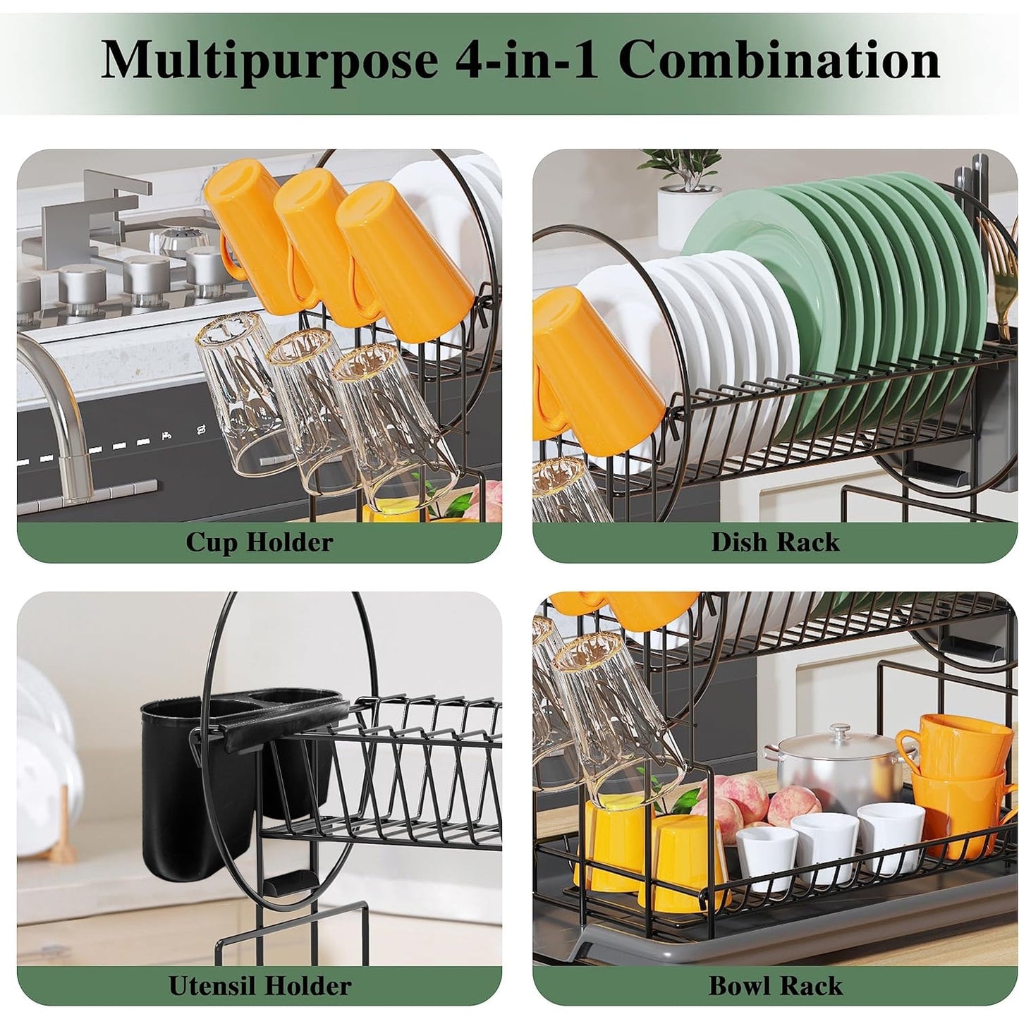 Dish Drying Rack - 2 Tier Dish Racks for Kitchen Counter with Drainboard, Utensil & Wine Glass Holder, Multifunctional Dish Drainer for Kitchen Organization, Black