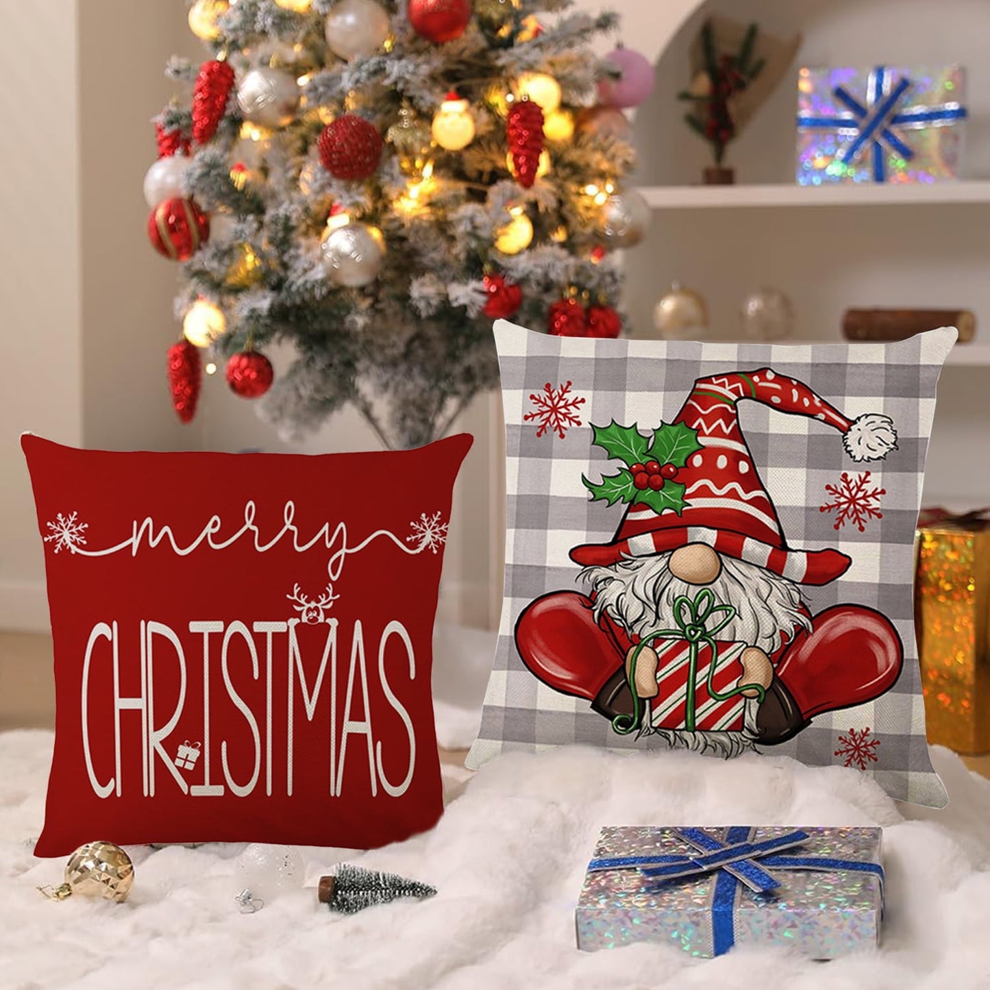 Behome Christmas Pillow Covers, 18 x 18 inch Set of 4 Christmas Decorative Throw Pillows Covers, Christmas Decorations Holiday Red Pillow Cases for Couch Sofa