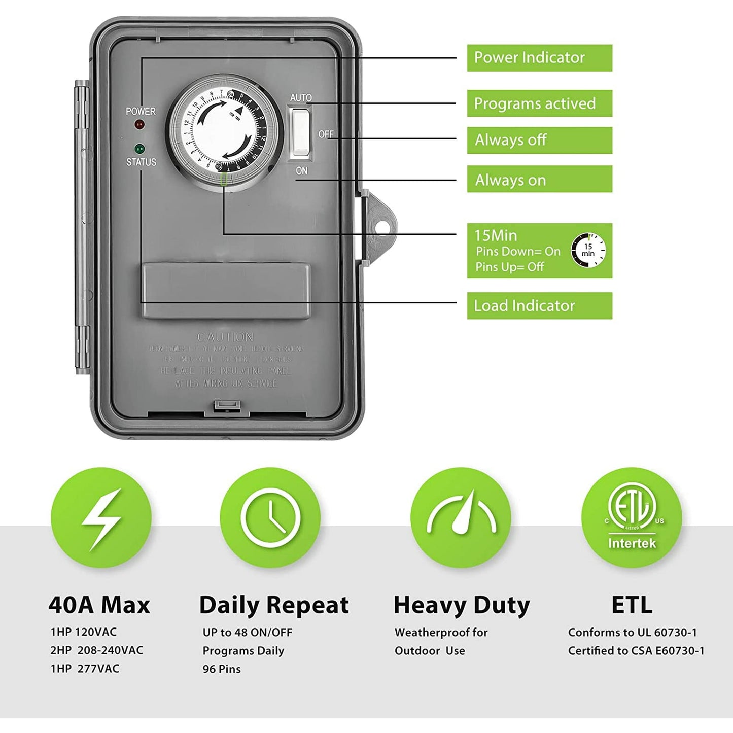 BN-LINK Pool Pump Timer, Outdoor Mechanical Timer Box, Heavy Duty 24 Hour Programmable, 2HP 40A Max, 120, 240, 277 VAC, for Pool Pump, Water Heater, Fans, SPA, ETL Listed