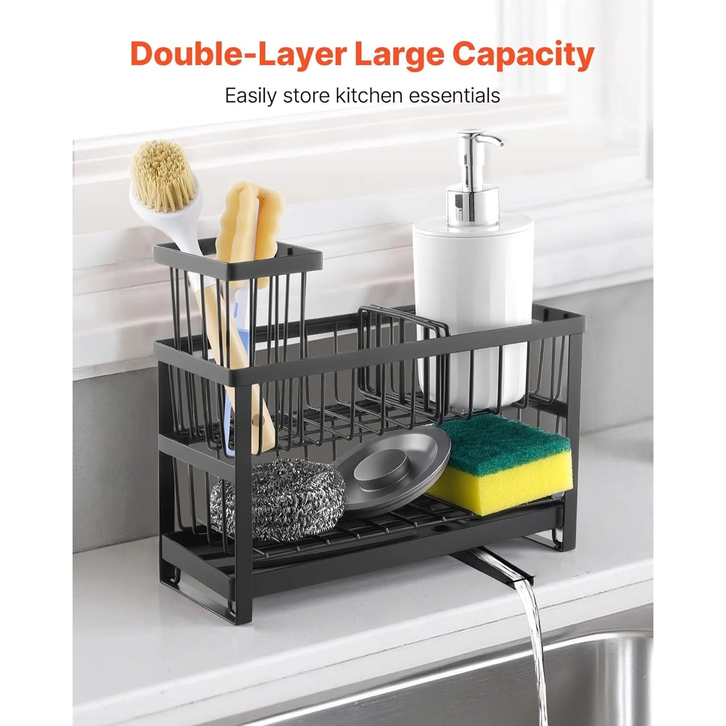 Behome 2-Tier Sponge Holder for Kitchen Sink, Sink Caddy Organizer with Brush Holder and Removable Drain Tray, Rustproof Countertop Organizer for Sponge, Soap Dispenser Storage Accessories