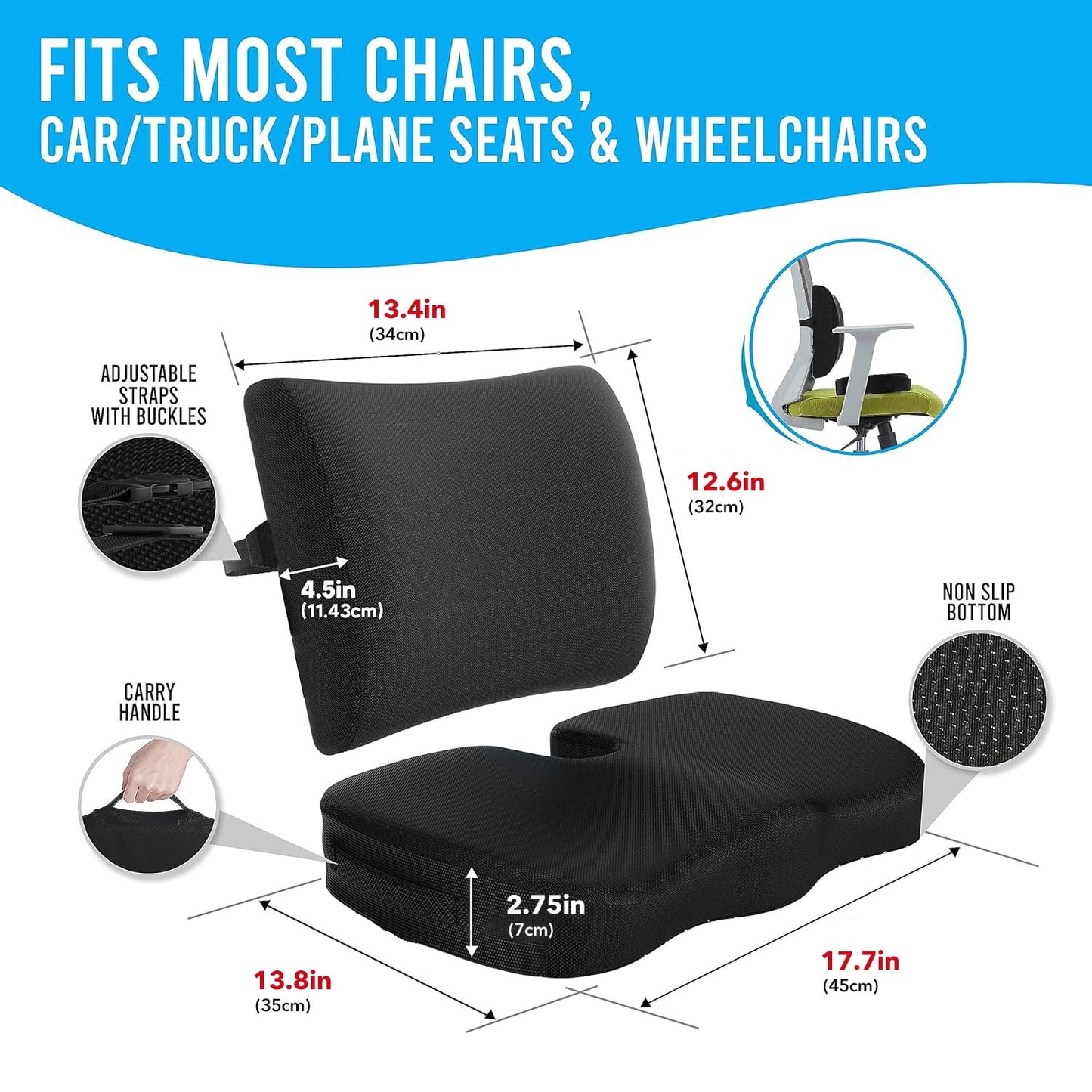 Behome Seat Cushion and Lumbar Support Pillow Set for Office Chairs, Back Support Memory Foam Gel Cushion for Tailbone Pain Relief, for Office Chair, Gaming Chair and Car Seat