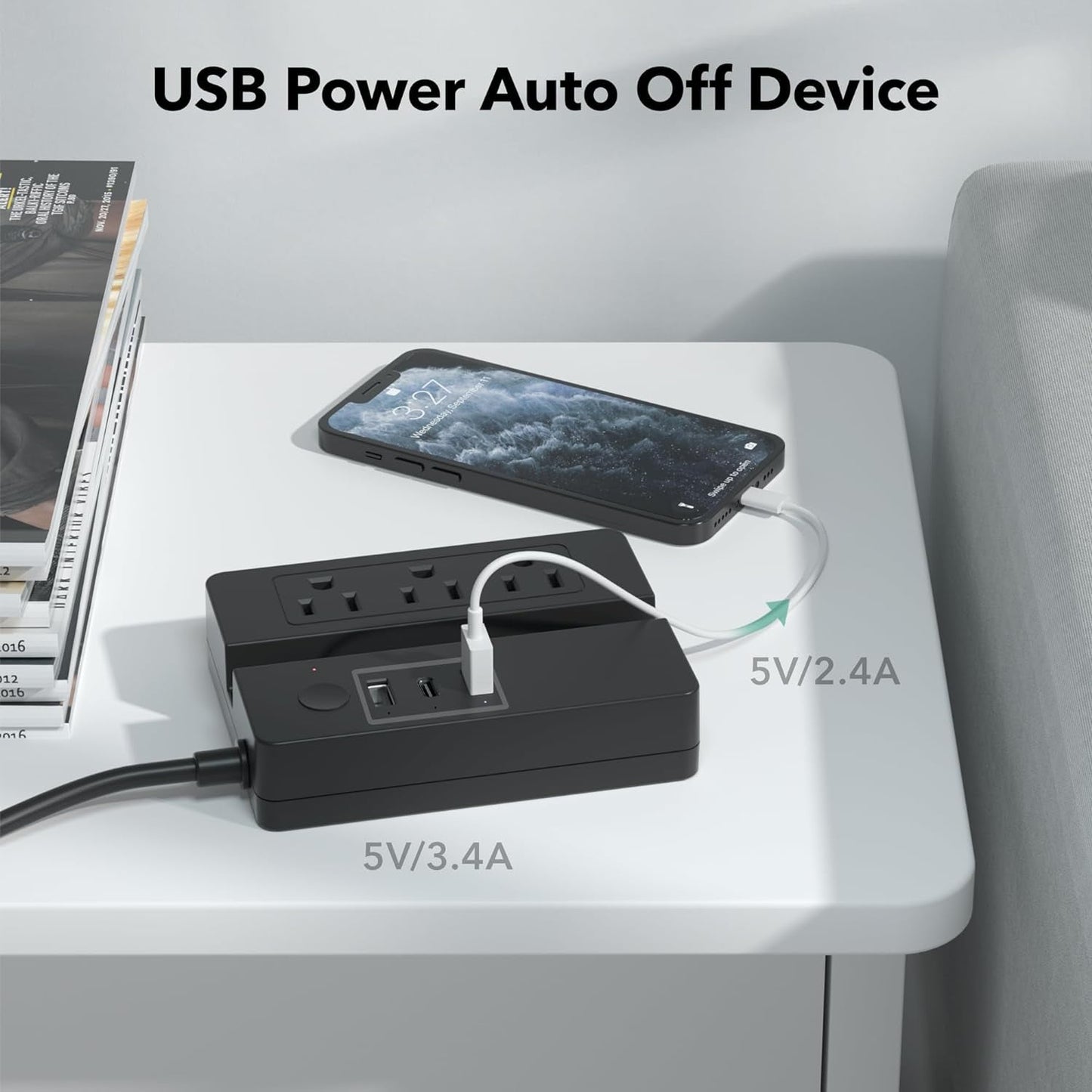 BN-LINK Power Strip with USB Ports and Outlets, Desktop Charging Station with 3 USB Ports( Total 3.4A), 3 Outlets, 4 ft Long Extension Cords, and The Groove to Hold The Cell Phone Easily