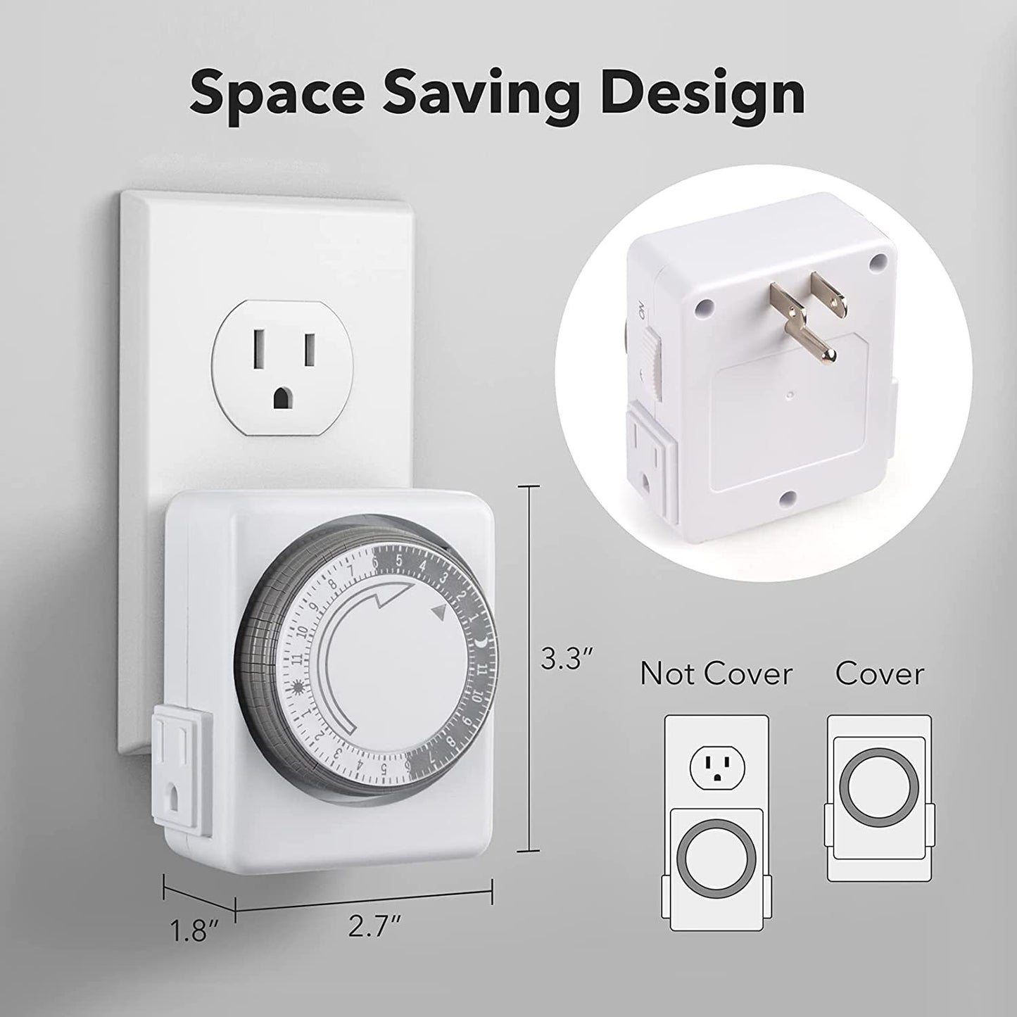 HBN Indoor Timer-24 Hour Plug-in Mechanical Indoor Mini Timer with 2 Outlets, 3 Prong, 2-Pack