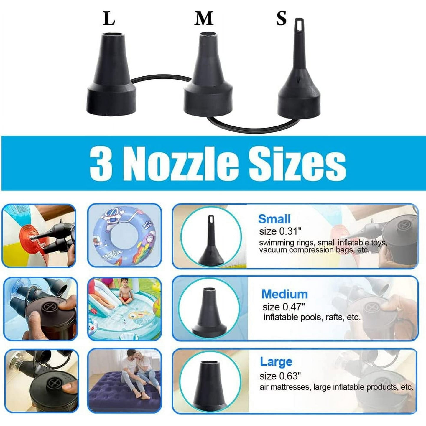 Electric Air Pump, Portable Quick-Fill Air Pump with 3 Nozzles, 110V, Perfect Inflator/Deflator Pumps for Inflatable Cushions, Air Mattress Beds, Boats, Swimming Ring, Black