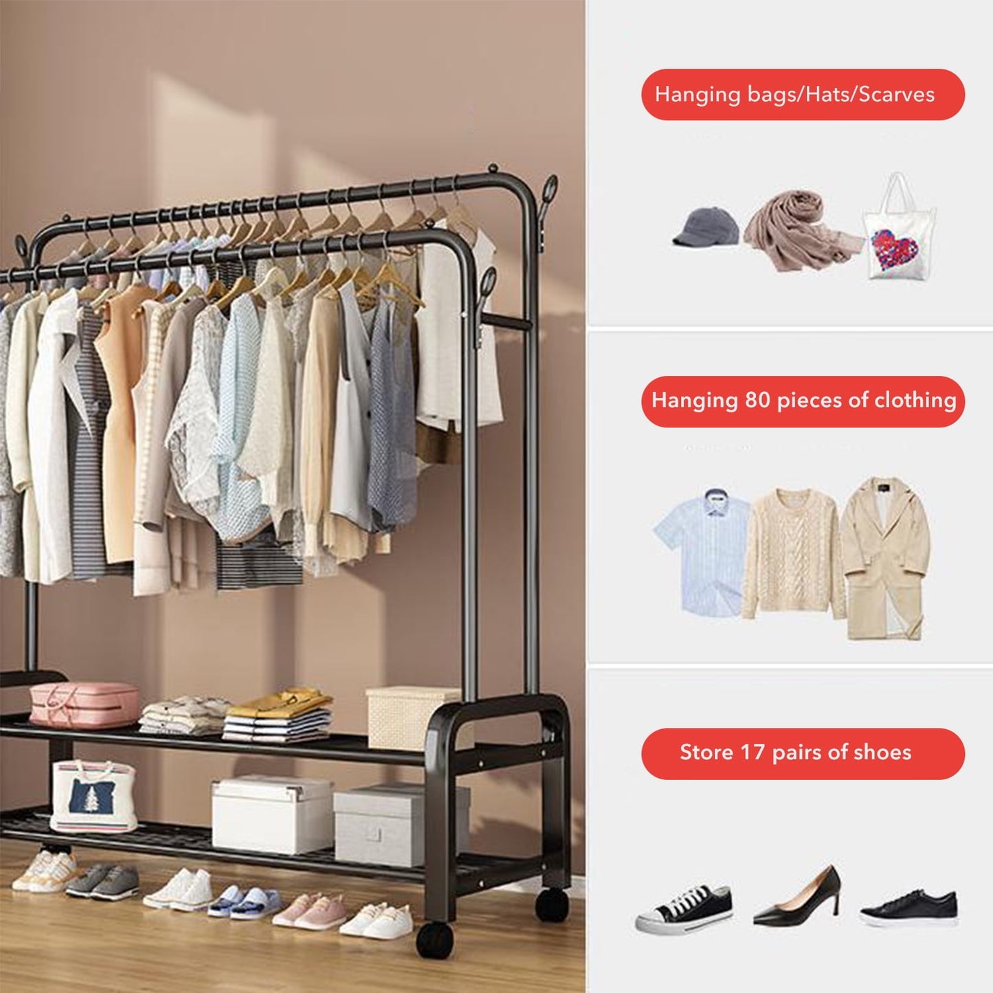BN-LINK Double Rods Clothes Rack with Wheels, Rolling Clothing Garment Rack with 2 Bottom Shelves & 4 Side Hooks, Heavy Duty Clothes Organizer for Bedroom, Laundry, Living Room, Black