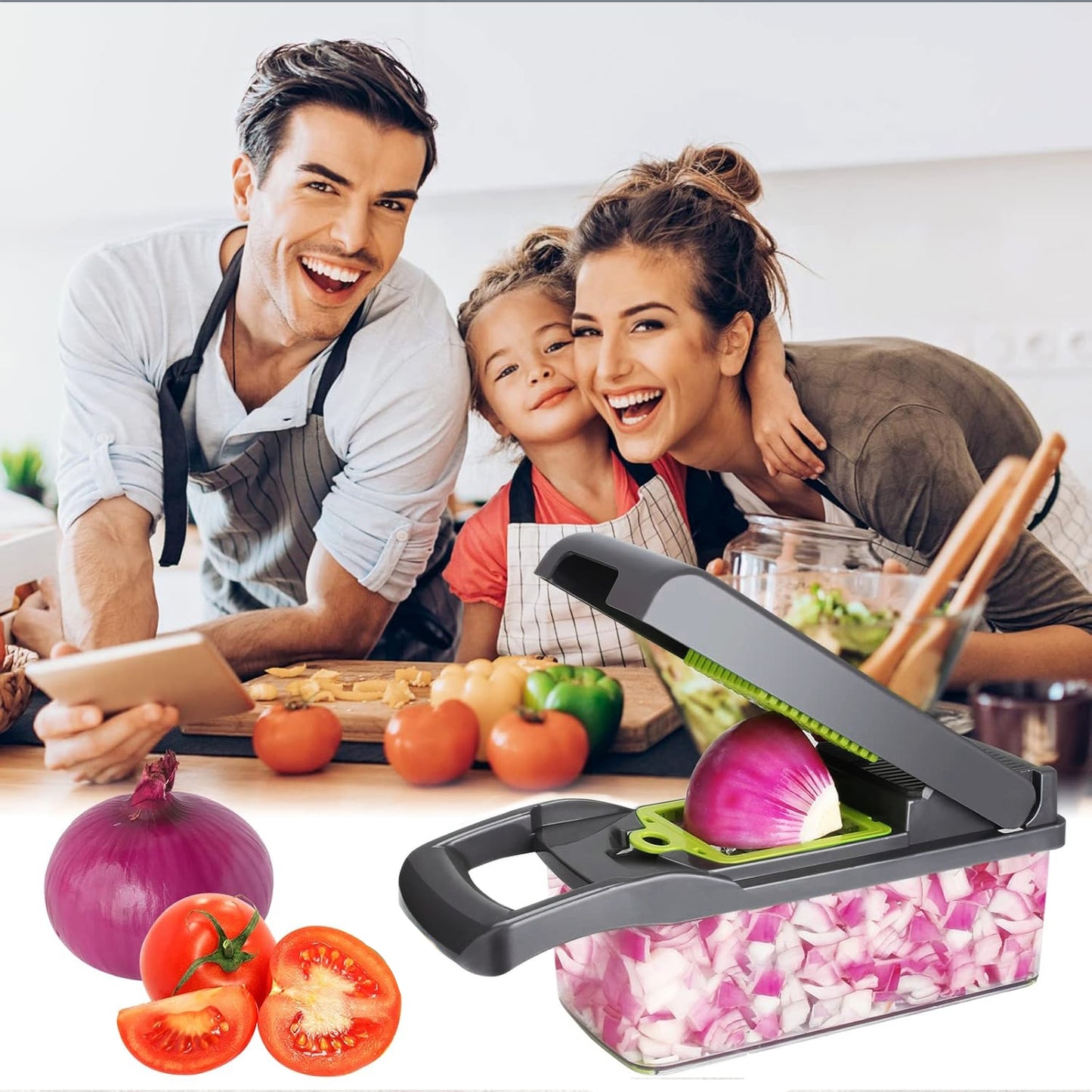 Behome Mandoline Slicer, 15-in-1 Multi-Functional Kitchen Gadget Set, Veggie Chopper, Food Chopper with Container, Vegetable Cutter & Spiralizer for Onion Salad, Gray