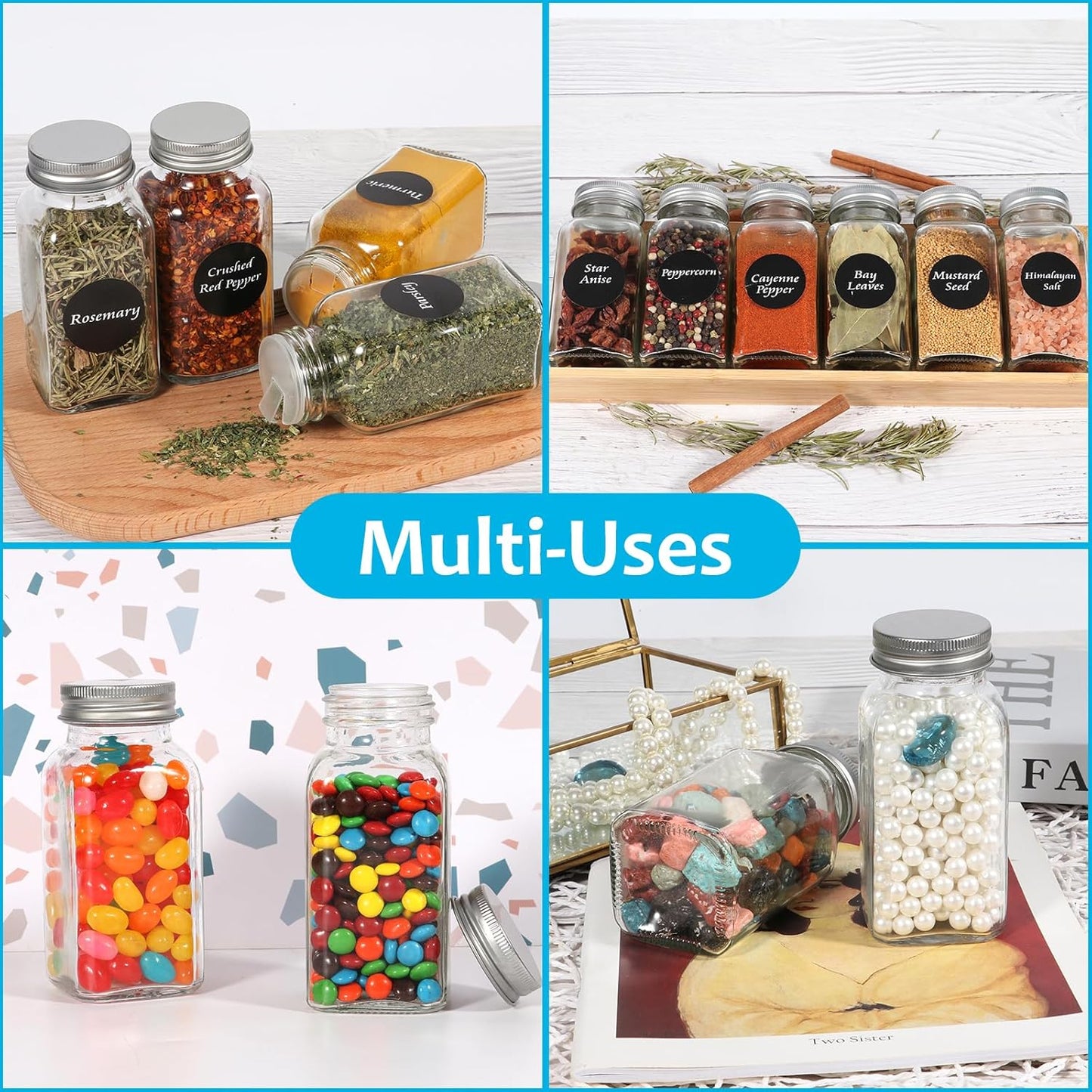 Behome 24 Pcs Glass Spice Jars with Spice Labels, 4oz Empty Square Spice Bottles with Shaker Lids, Airtight Caps, Funnel, Chalk Pen, Seasoning Bottles for Spice Rack, Drawer, Cabinet