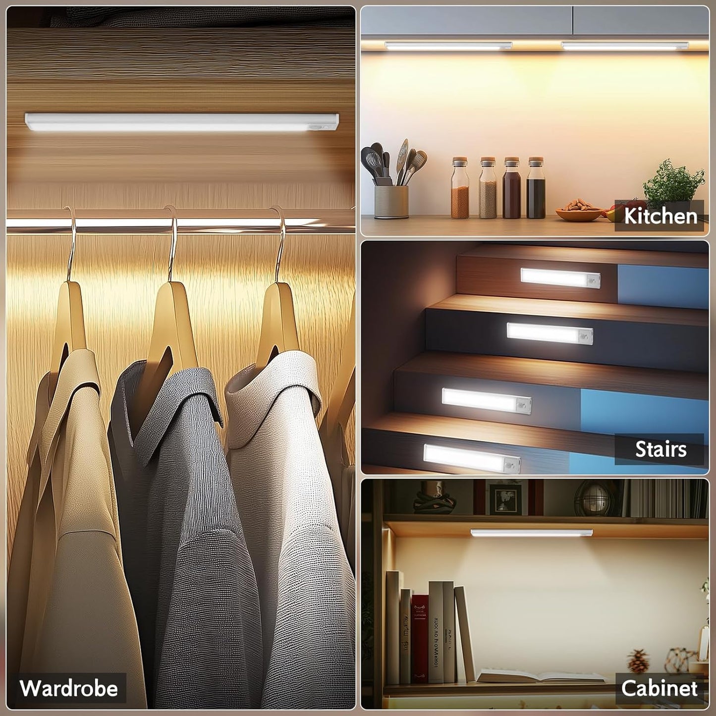 Behome 2 Pack Under Cabinet Lighting, 9.5’’ Rechargeable Motion Sensor Light Indoor with 3 Colors and Stepless Brightness, Magnetic Closet Lights Wireless for Kitchen, Stairs, Hallway