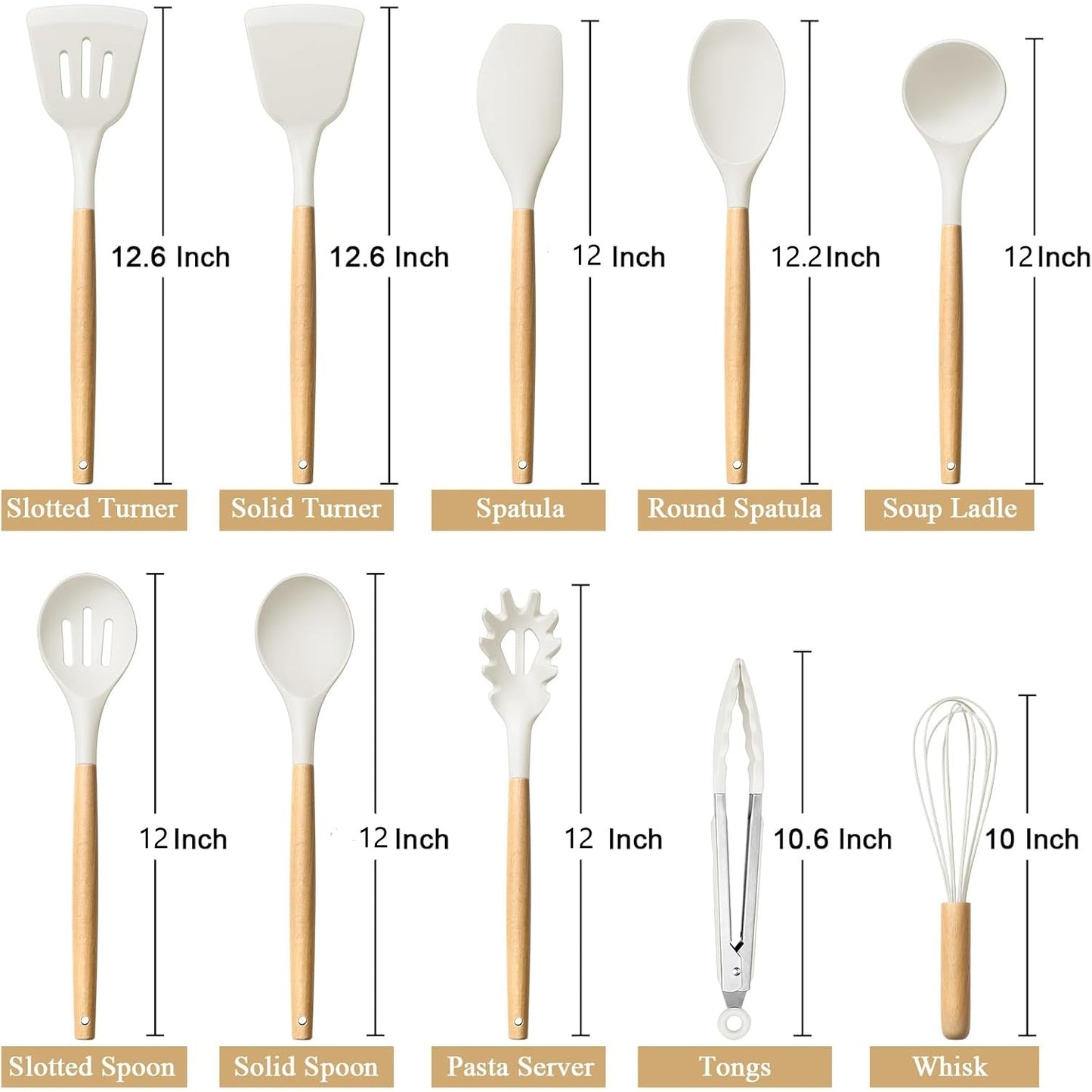Behome Cooking Utensils Set, 12 packs Non-Stick Silicone Cooking Kitchen Utensils Spatula Set with Wooden Handles and Holder, Heat Resistant Food Grade Kitchen Utensils, White