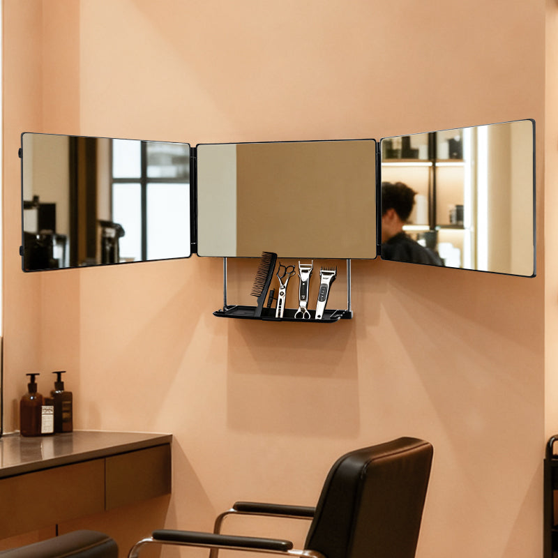 Behome 3 Way Mirror for Hair Cutting with Storage Shelf, 360°Trifold Mirror with Adjustable Height, for Shaving, Makeup, Hair Styling(Black)