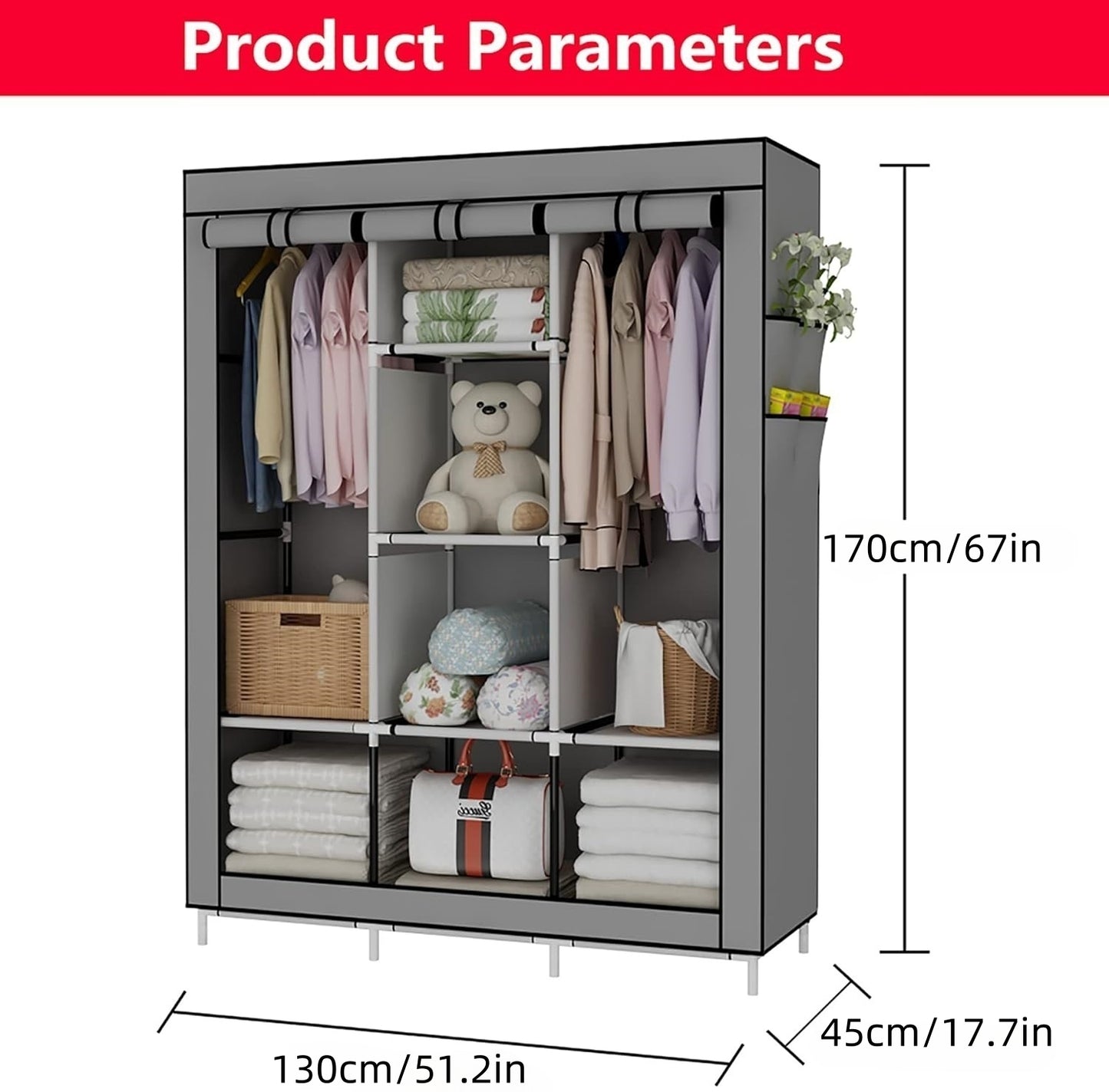 BN-LINK Portable Closet Wardrobe, Wardrobe Closet Organizer with Non-Woven Fabric Cover, 8 Compartments, Large Clothes Storage Organizer, 51.2x 17.7 x 67 Inches, Gray