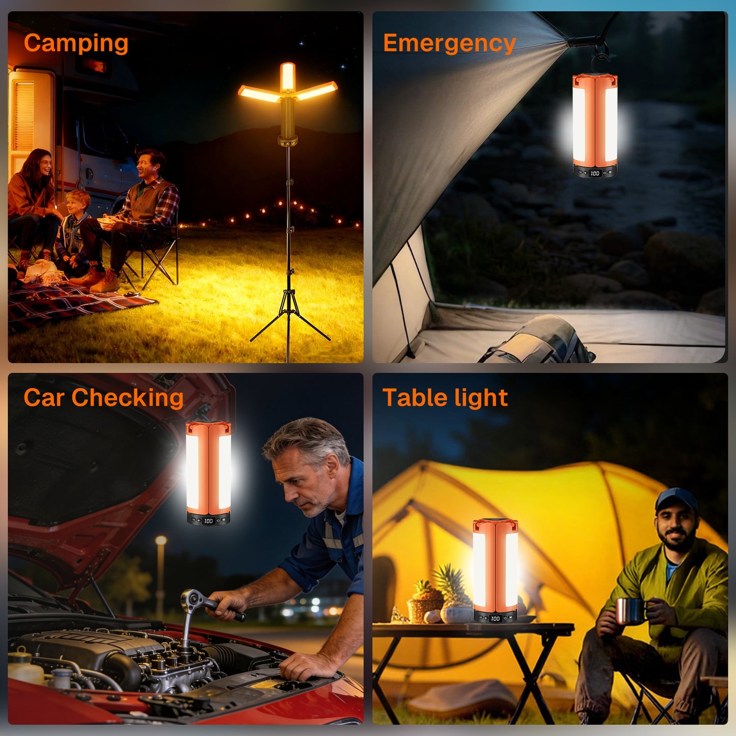 BN-LINK Rechargeable Camping Lights with 8 Light Modes, Foldable Work Light with Stand & 3 Heads & Magnetic Base, Waterproof Camping Lantern for Hiking, Camping, Emergency Use