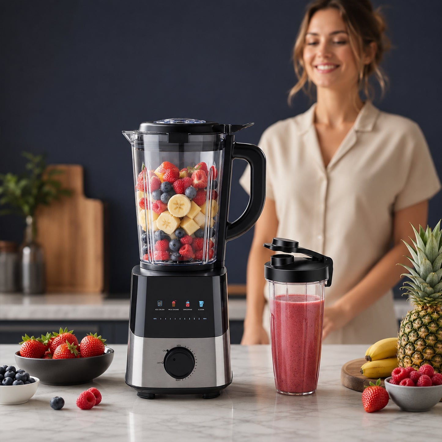 Behome Blender with Grinder, Stepless Speed & 4 Functions, 1200W Blender for Smoothies with 50 Oz Glass Jar, Self-Cleaning Blenders for Kitchen, Black