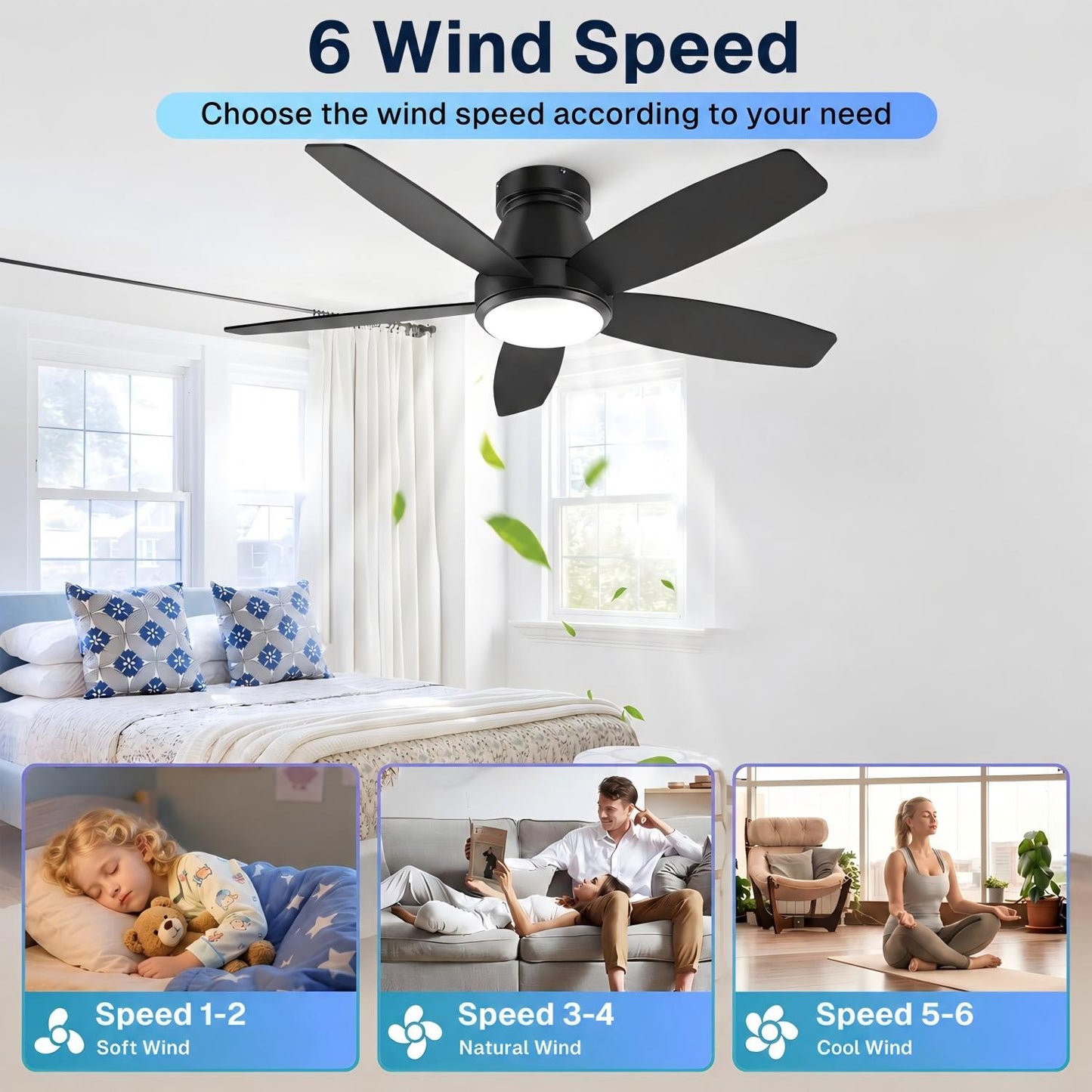 Behome 42" Ceiling Fan, Low Profile Ceiling Fans with Lights and Remote/APP Control, Double-sided Fan Blades, Flush Mount, 6 Speeds & Reversible, 3CCT, Dimmable, Noiseless, for Bedroom, Living Room