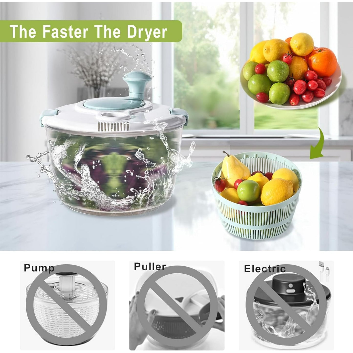 BN-LINK Salad Spinner, 4.8 Quart Large Capacity, Durable Multi-Use Lettuce and Fruit Washer Spinner& Dryer with Built-in Drainage System, Non-skid Base and Free Silicone Lid for Storage or Picnic