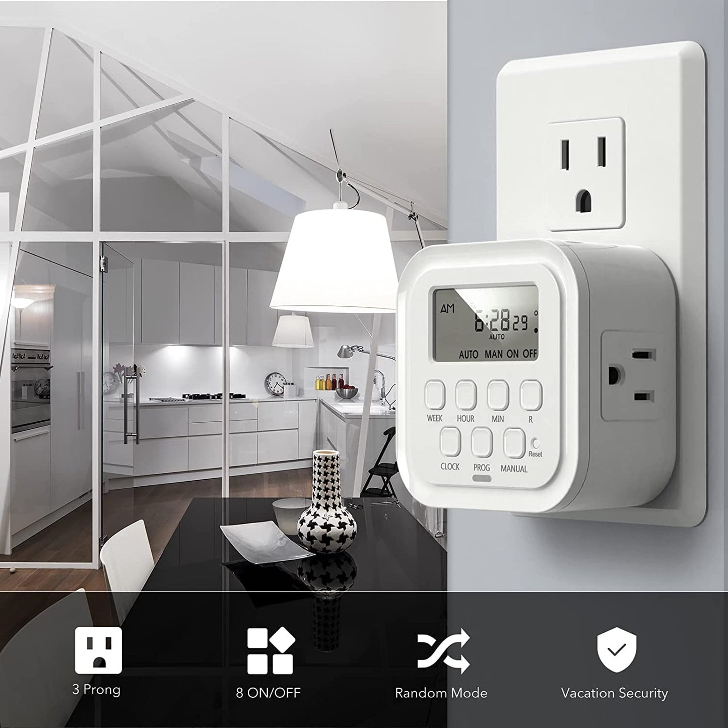 HBN 7 Day Heavy Duty Digital Timer, Dual Outlet, On/Off Programs 3-Prong Programmable Timer, Indoor, for Lamp, Light, Fan, Pets, Home, Kitchen, Office, Appliances, 125V, 15A, 1875W, 60Hz