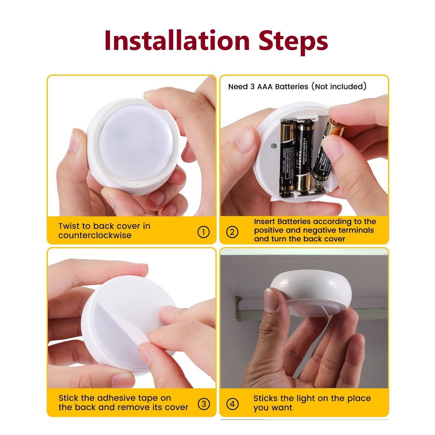 Behome 6 Pack LED Cabinet Lights with Remote, Battery Operated Wireless Puck Lights, 3 Colors & 4 Brightness Levels, Tap Push Night Lights for Closet, Bedroom & Kitchen, White