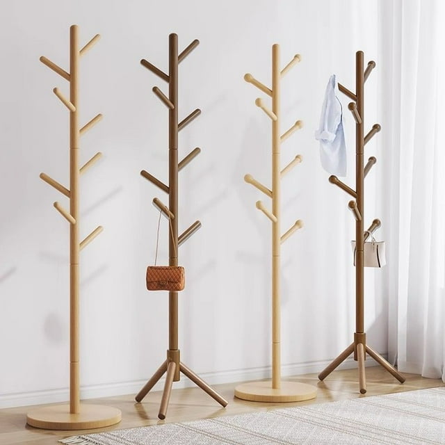Behome Coat Rack, Bold Freestanding Coat Rack with 8 Hooks and 3 Adjustable Size, Tree Coat Racks for Bedroom, Hallway, Hats, Coats, Scarves, Handbags, Wood Color