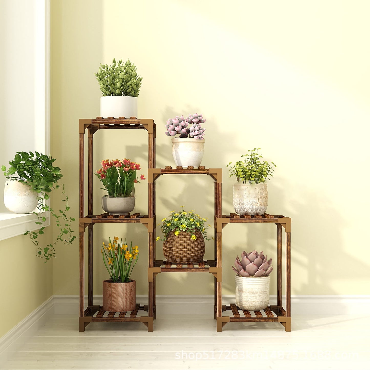 Behome Plant Stand Indoor, Wood Plant Shelf with 3 Tier Ladder & 7 Pots, Corner Plant Stand, Tall Plant Holder for Living Room & Balcony, Home Decor
