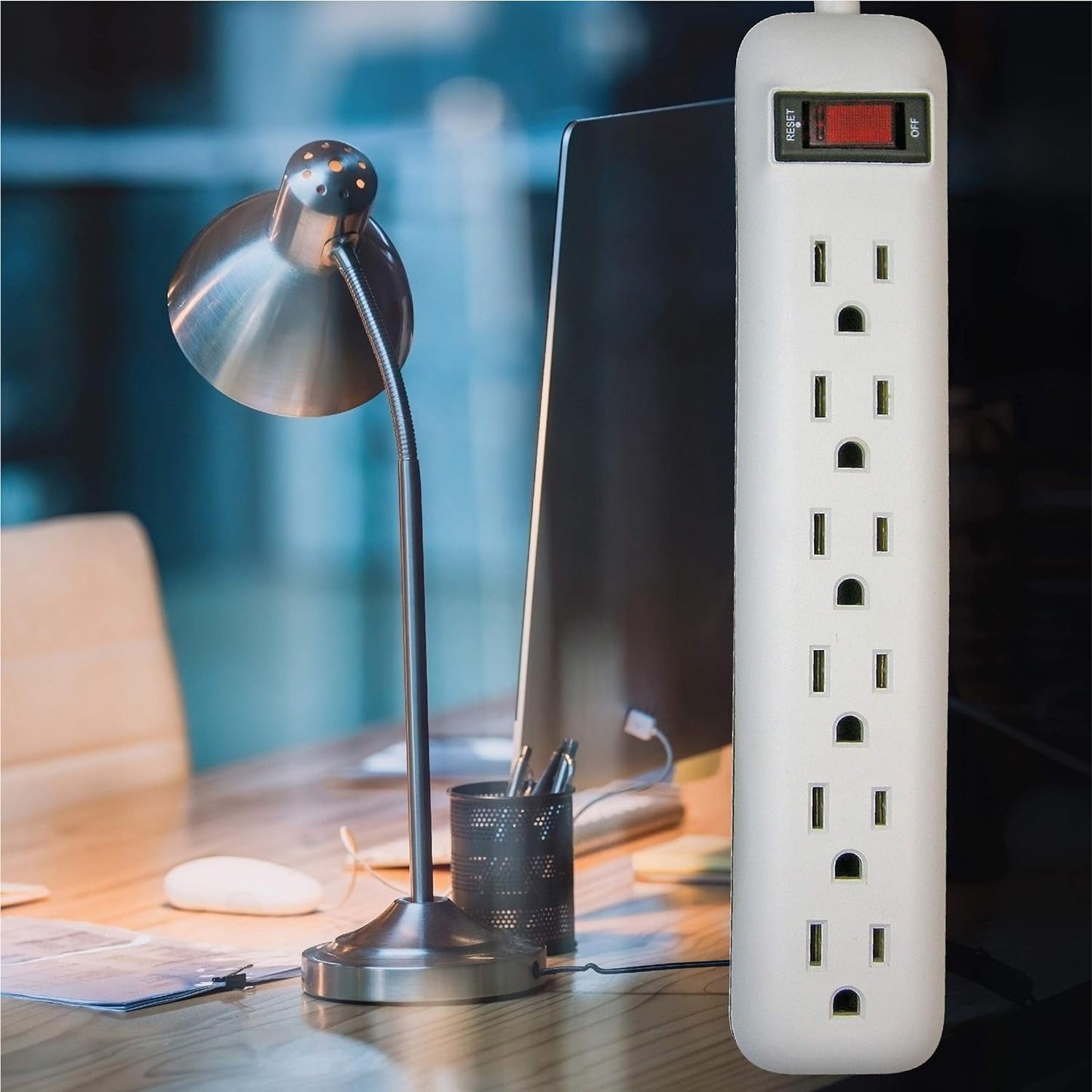 Clear Power 6 Outlet Power Strip, 8 ft Long Power Cord, Low-Profile Flat Plug, 3-Prong Grounded, White, 15 Amp Circuit Breaker