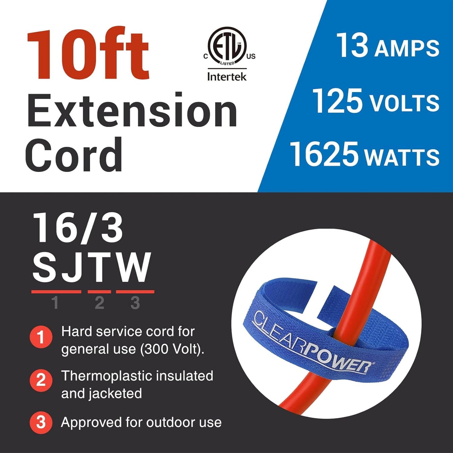 BN-LINK 10 ft Outdoor Extension Cord 16/3 SJTW, 3-Prong Grounded Plug, Orange, Water & Weather Resistant, Flame Retardant, General Purpose Power Cord for Lawn & Garden