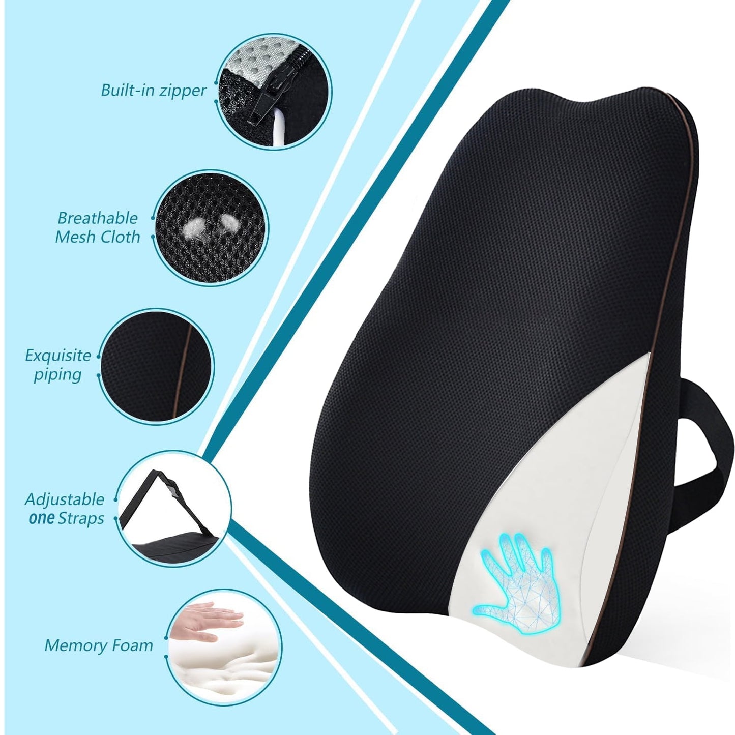 Behome Lumbar Support Pillow For Office Chair and Car Seat, Memory Foam Back Cushion with Adjustable Strap for Back Pain Relief