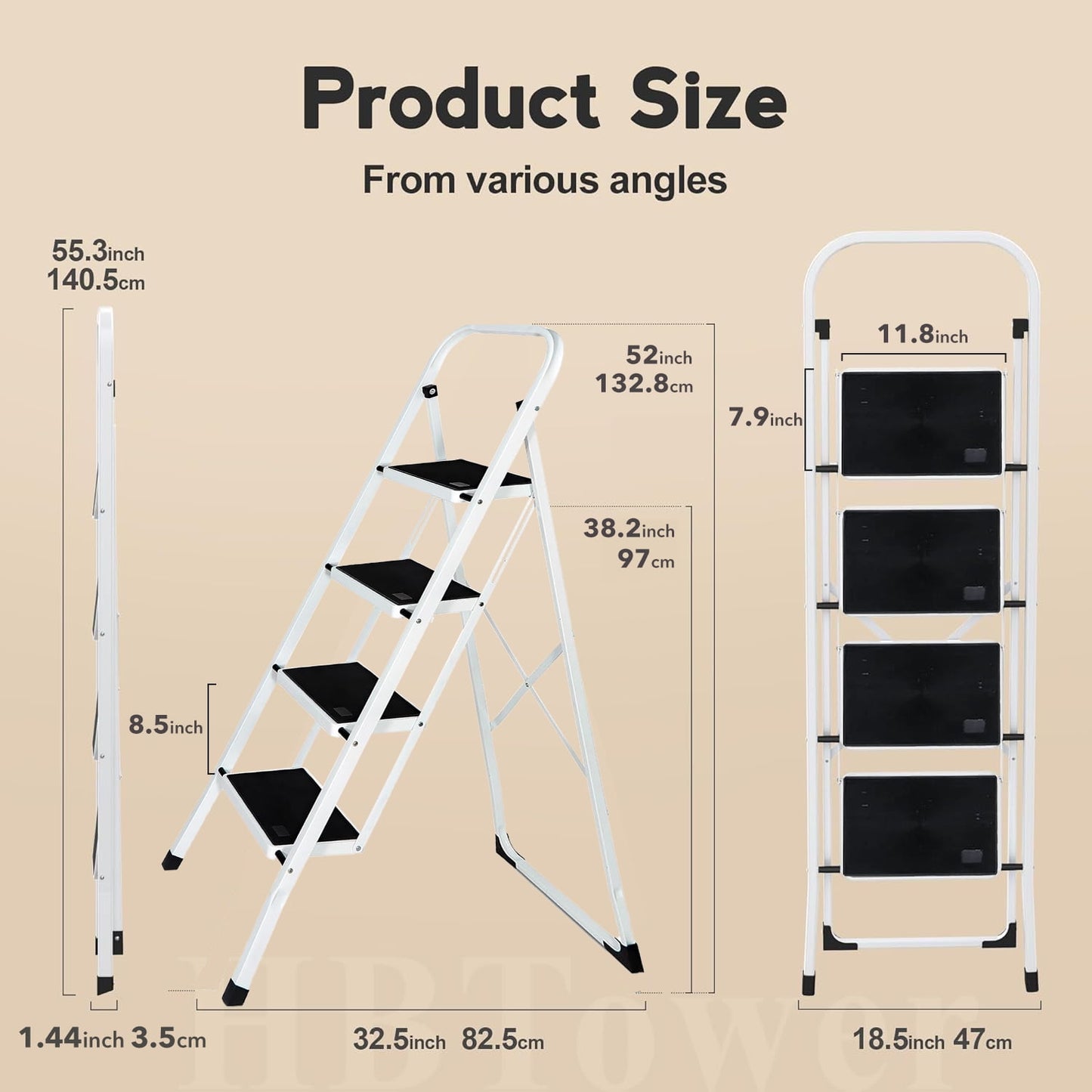 Behome 4 Step Ladder, Folding Step Stool with Wide Anti-Slip Pedal, Portable Sturdy Iron Ladder with Handrails for Home, Office, Library, 330 lbs Capacity, White & Black