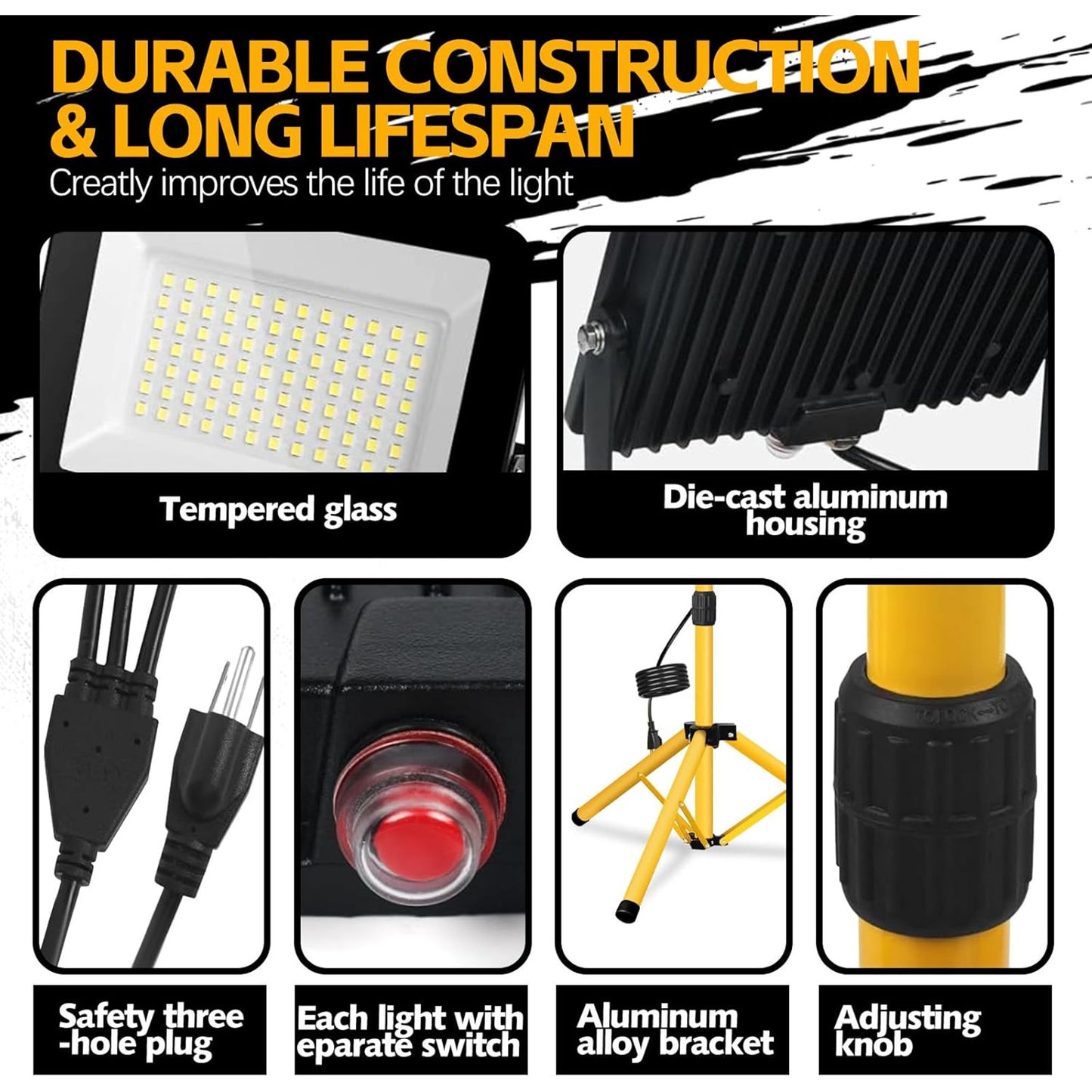 Behome 18000 Lumen LED Work Lights with Stand, 2 Adjustable Head Waterproof Lamp with Individual Switch, Foldable Tripod Stand for Outdoor Indoor Job Site Lighting, 6500K