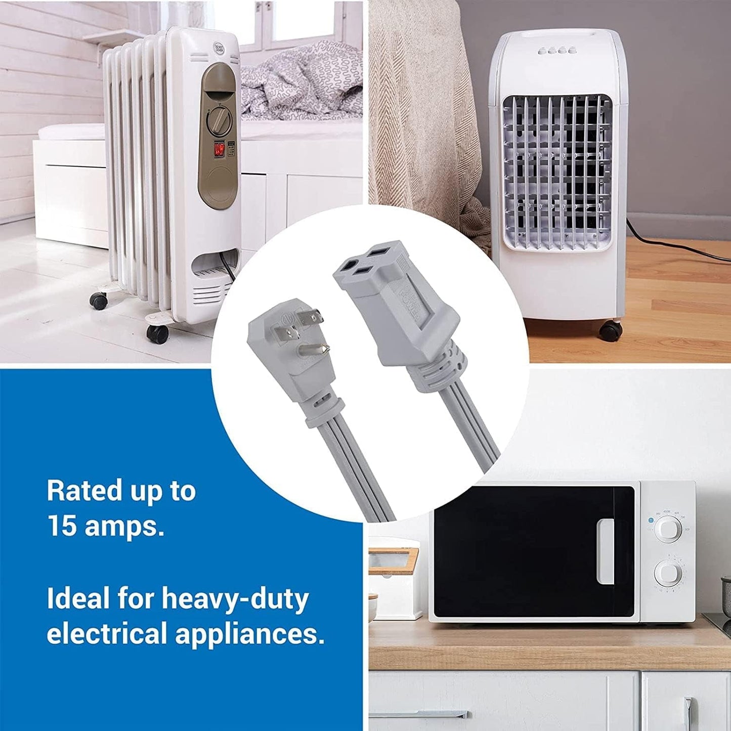 Clear Power 6 ft 14/3 Gray Air Conditioner/Major Appliance Indoor Extension Cord, Grounded Flat Plug, Perfect for AC Units and Major Appliances