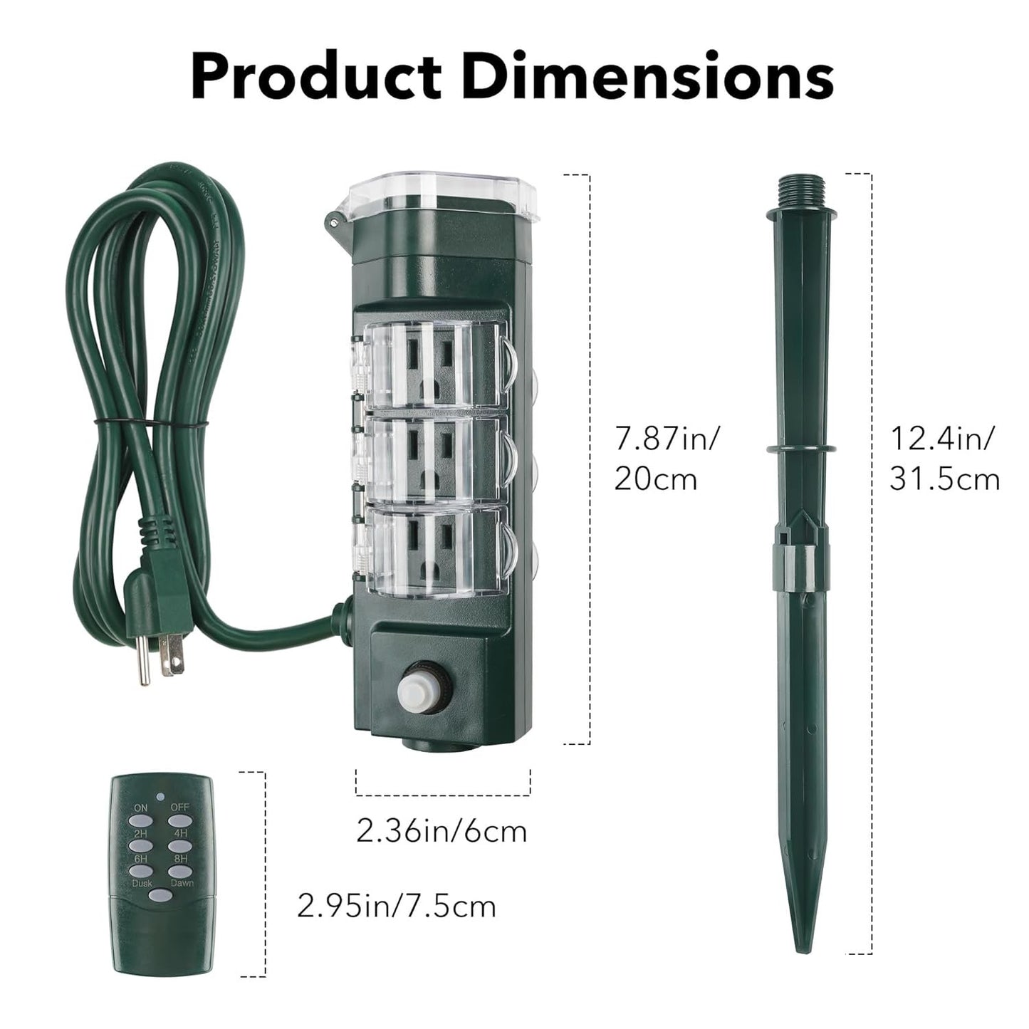 HBN Outdoor Power Strip Timer with Photocell(w Remote Control), Yard Stake Countdown Timer(2, 4, 6, 8 Hour),Weatherproof Outside Lights Timer Dusk to Dawn for Christmas Lights,6 Outlets,6ft Cord