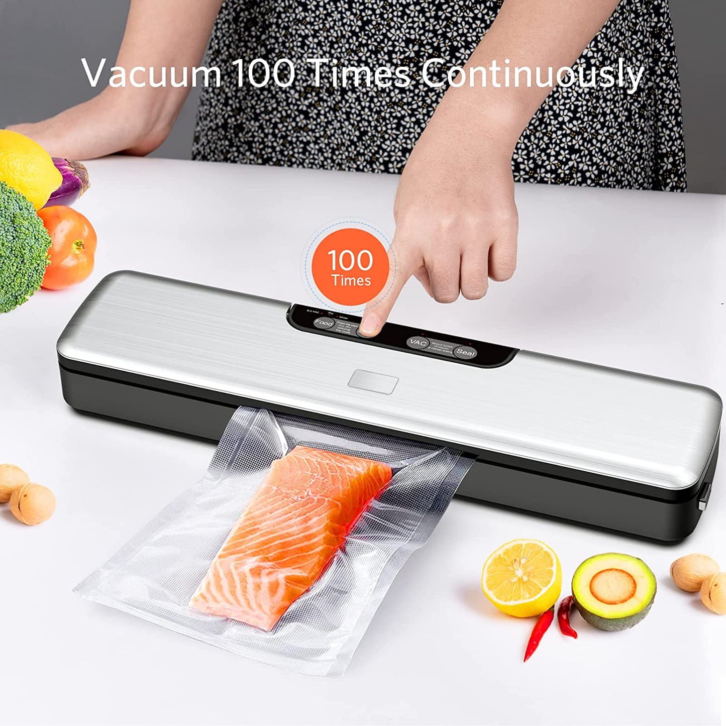 Food Vacuum Sealer Machine, Food Storage Saver Dry & Moist Food Modes, 5-in-1 Easy Options for Food Storage, with 5 Vacuum Seal Bags, Silver