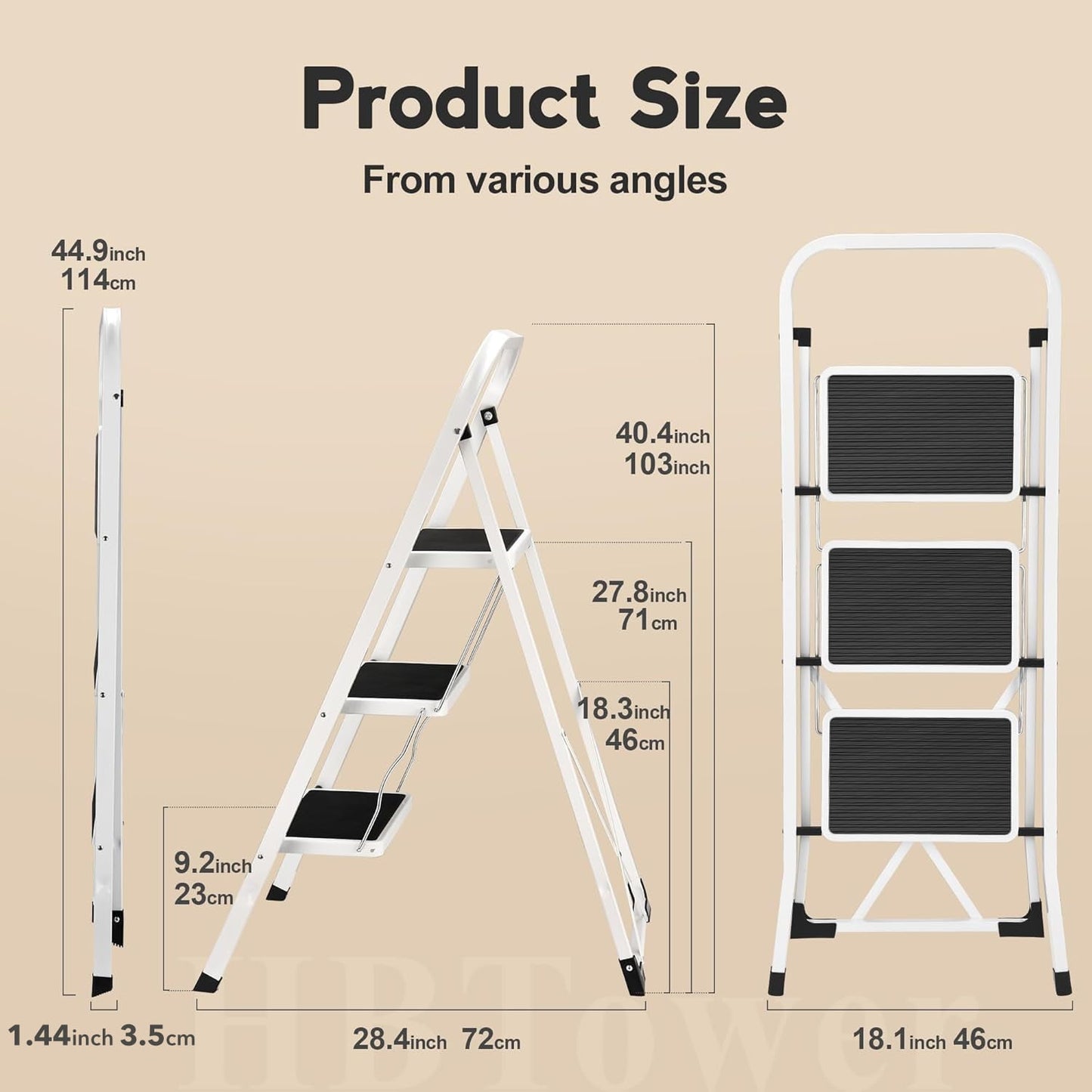 Behome 3 Step Ladder, Folding Step Stool with Wide Anti-Slip Pedal, 330 lbs Sturdy Ladder, Convenient Handgrip, Portable Iron Step Stool for Household, Kitchen