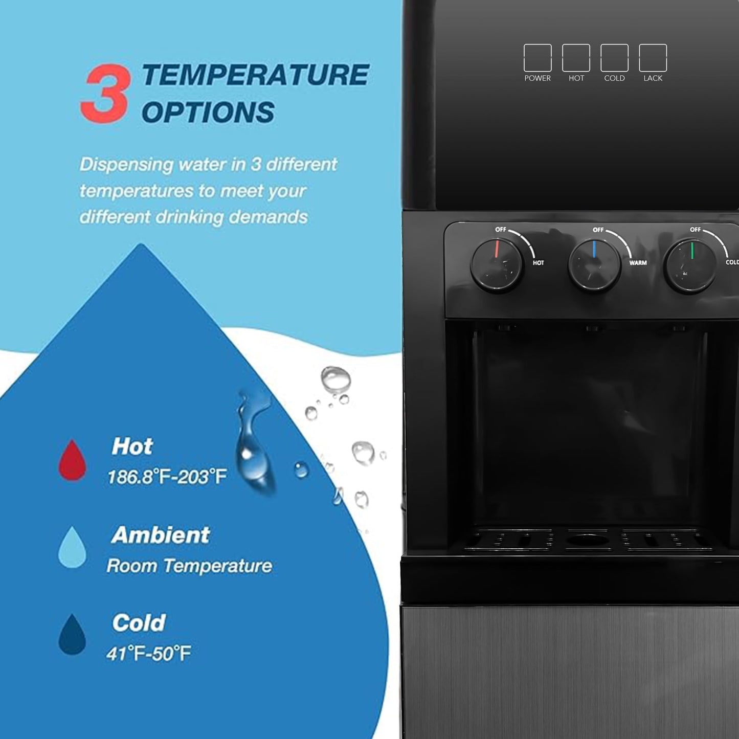 Behome Bottom Load Water Cooler Dispenser with Lack Water Alert, 3 Temperature Settings-Hot, Cold & Room-Temperature Water, Holds Up to 5 Gallon Bottles, Low Noise, for Homes, Kitchens, Dorms