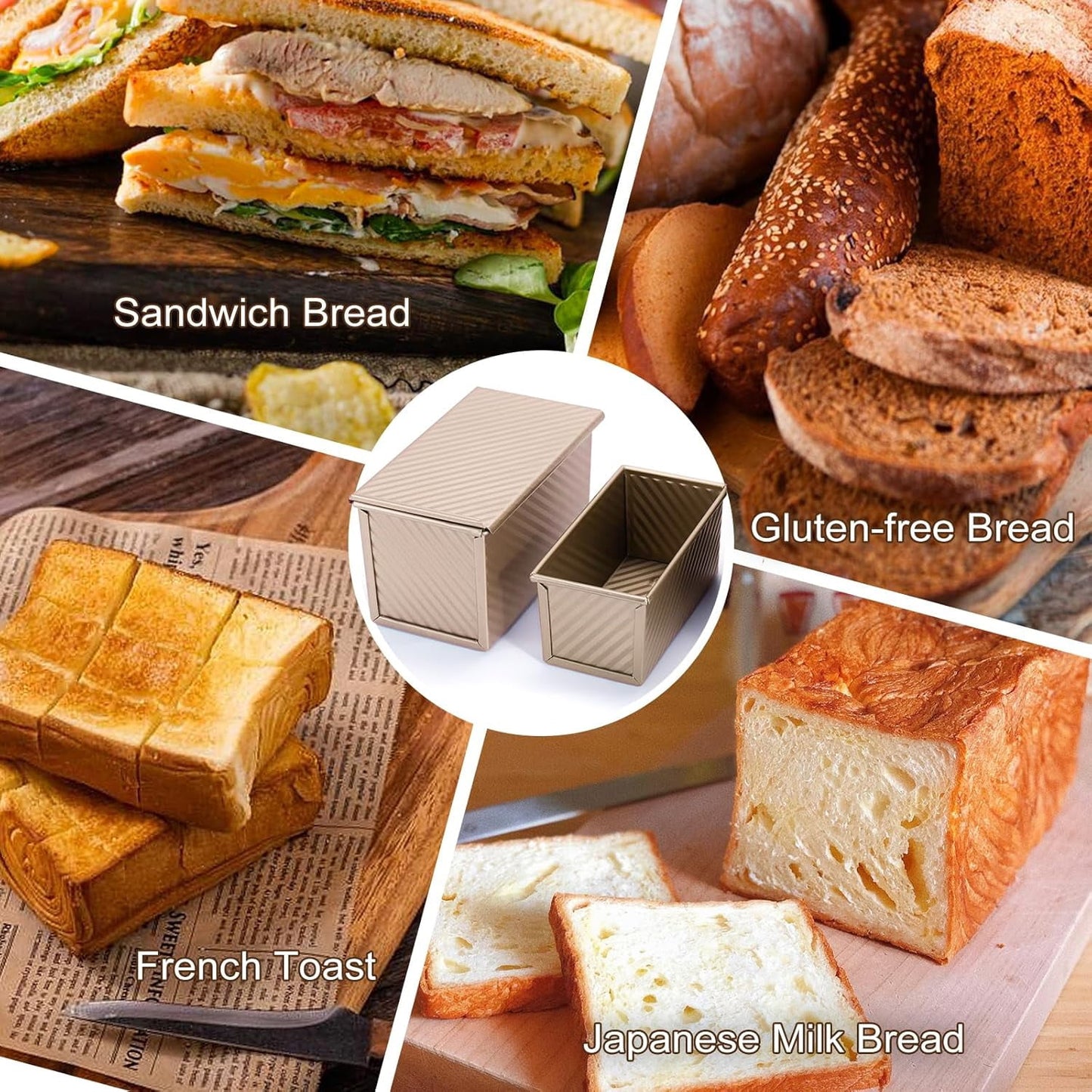Behome 2 Pack Loaf Pan with Lid, 1 lb/0.5 lb Dough Capacity Bread Pans, Non-Stick Sandwich Bread Loaf Pan for Homemade Baking Bread, Gold