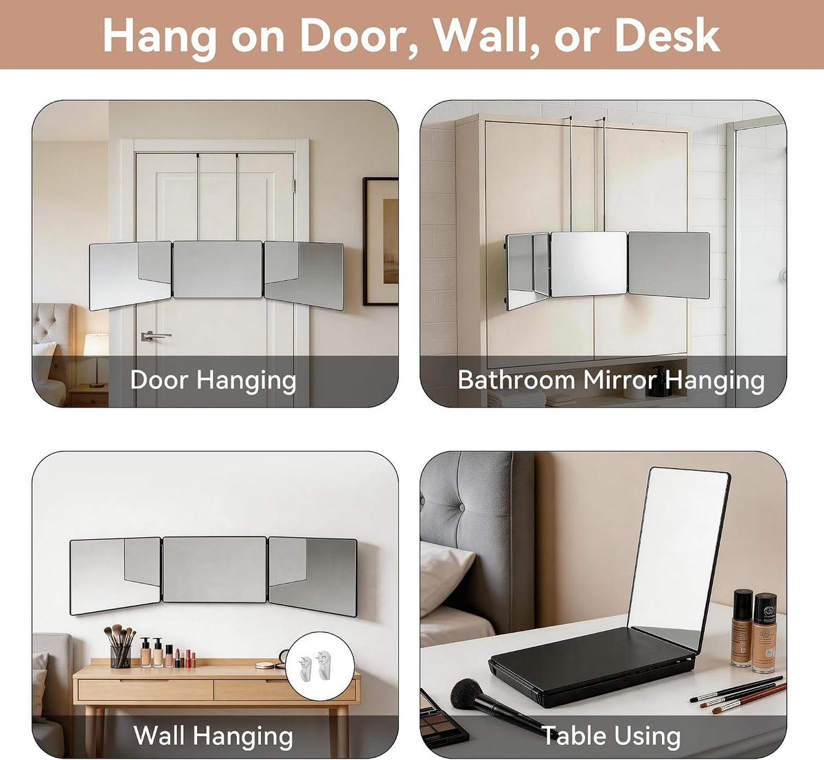 Behome 3 Way Mirror for Hair Cutting with Light and Storage Shelf, 360°Trifold Mirror with Adjustable Brightness & Height, for Shaving, Makeup, Hair Styling(Black)