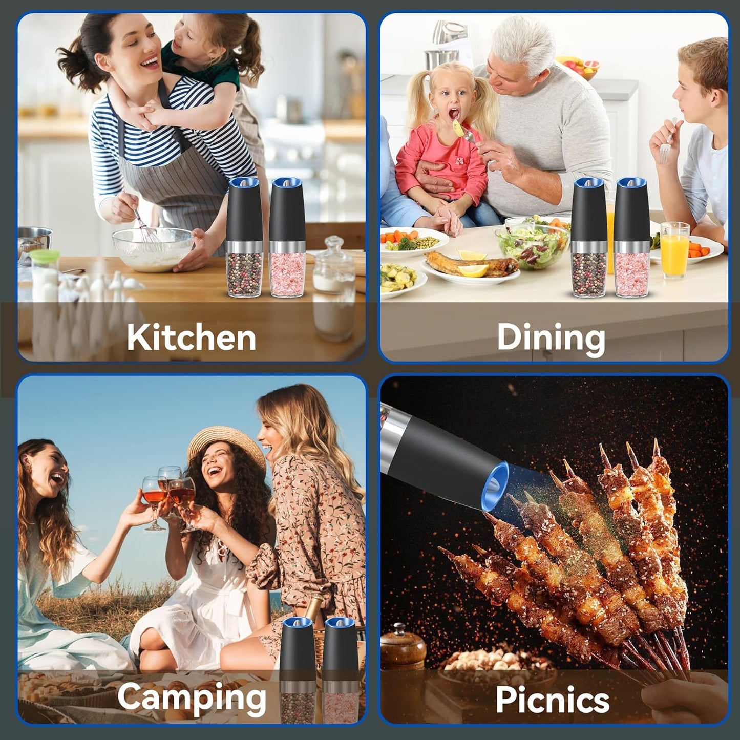BN-LINK Gravity Electric Pepper and Salt Grinder Set, 2pack Battery Operated Automatic Pepper Mill Grinder with LED Light, Adjustable Coarseness, One Hand Automatic Operation, for Home Kitchen BBQ