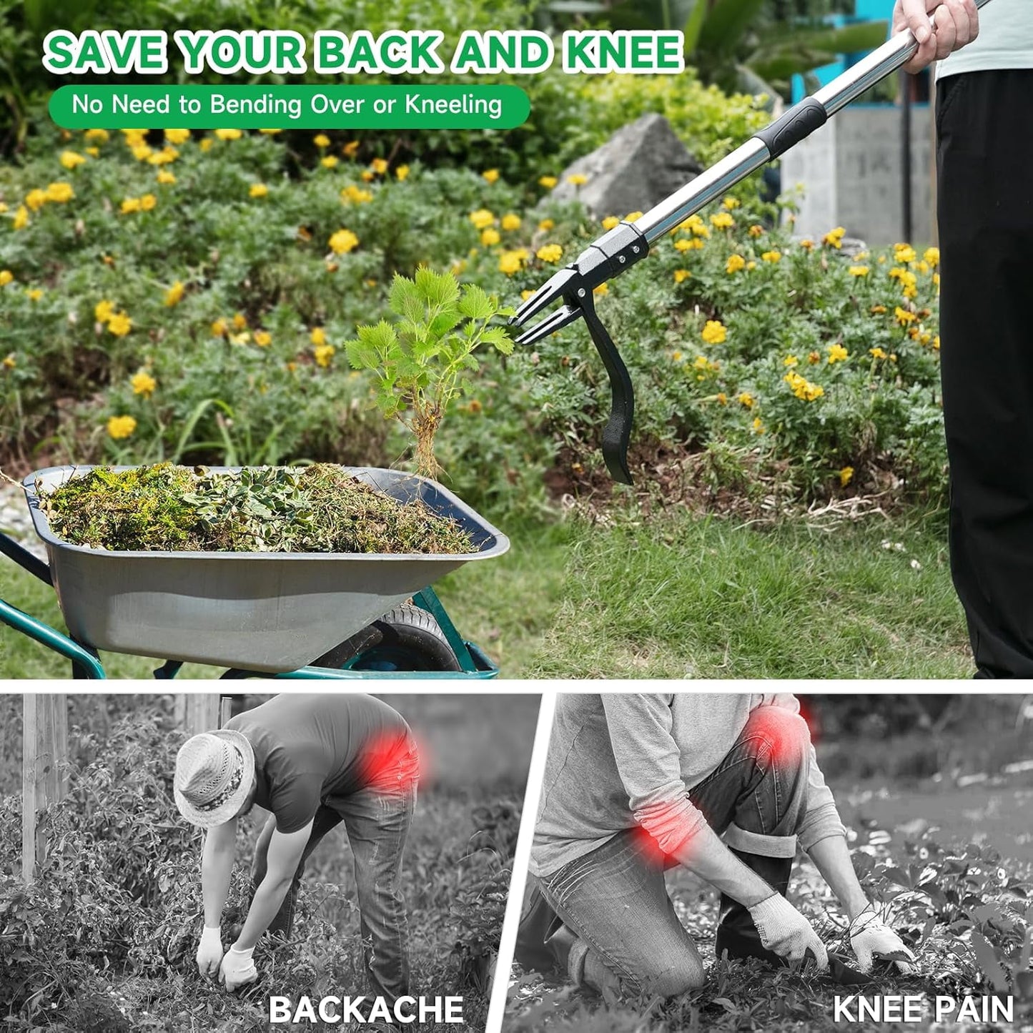 BN-LINK Weed Puller Tool, 48" Stand Up Weeder Garden Tools & 4 Claw Steel Head, Rustproof Stainless Steel, Easily Remove Weeds Without Bending, Pulling, or Kneeling