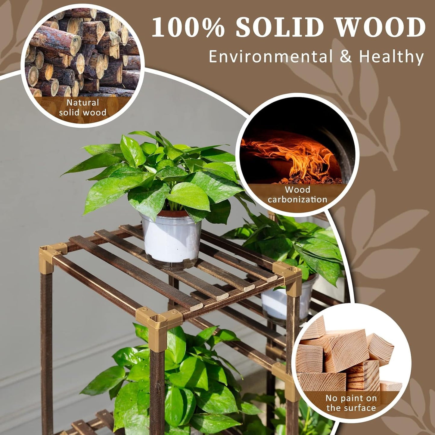 Behome Plant Stand Indoor, Wood Plant Shelf with 3 Tier Ladder & 9 Pots, Corner Plant Stand, Tall Plant Holder for Living Room & Balcony, Home Decor