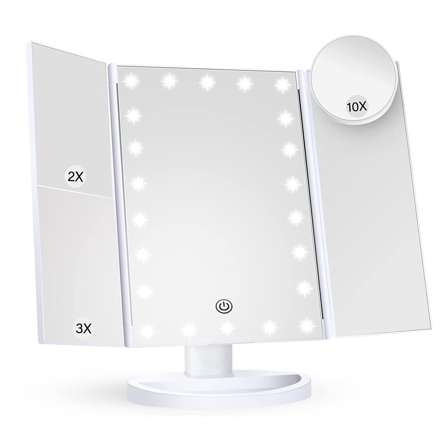 BN-LINK Makeup Mirror with Lights, 1X 2X 3X Magnification with 10x Magnifying Mirror, Lighted Makeup Mirror, Touch Control, Trifold Makeup Mirror, Portable LED Makeup Mirror, White