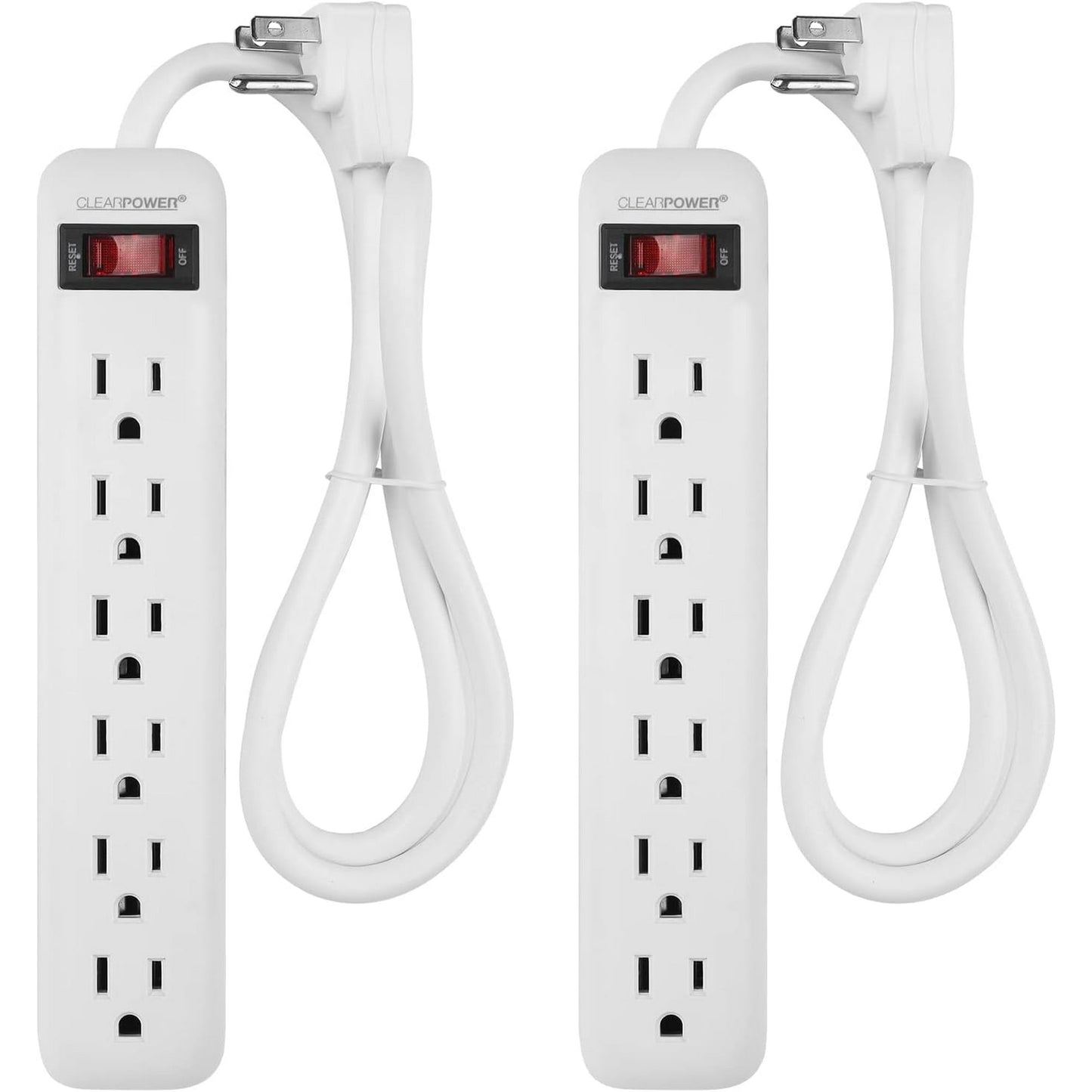 Clear Power 6 Outlet Power Strip 3 ft Power Cord, Low-Profile Flat Plug, 3-Prong Grounded, White, 15 Amp Circuit Breaker, 2 Pack