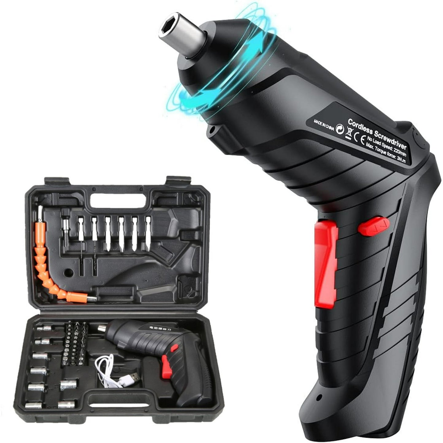 Cordless Screwdriver Set, Electric Screwdriver USB Rechargeable Power Screwdriver, Rotating Handle, LED Light, 45PCS Drill/Driver Accessories