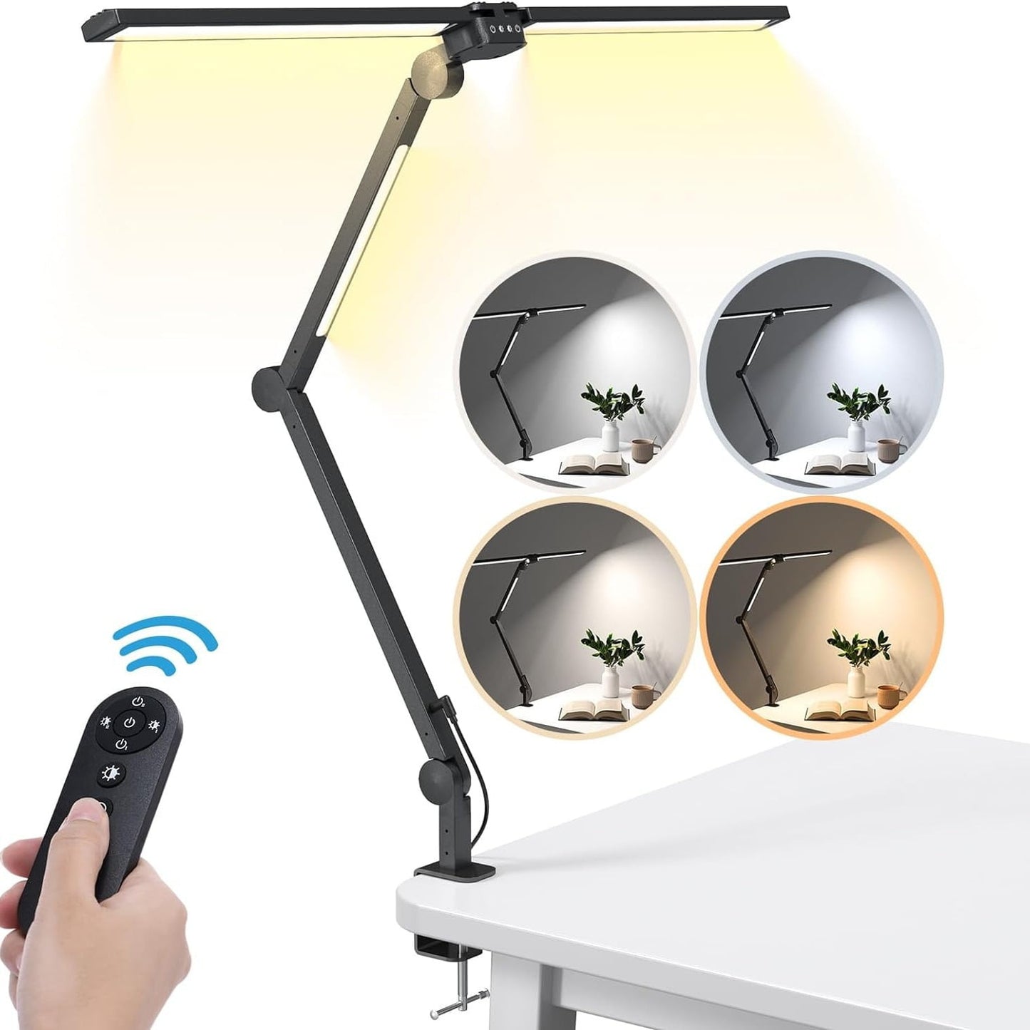 Behome LED Desk Lamp With Remote Control, Tall Double Head Desk Lamp With Clamp, 5 Brightness Modes & 4 Colors, Adjustable Desk Light For Work & Study