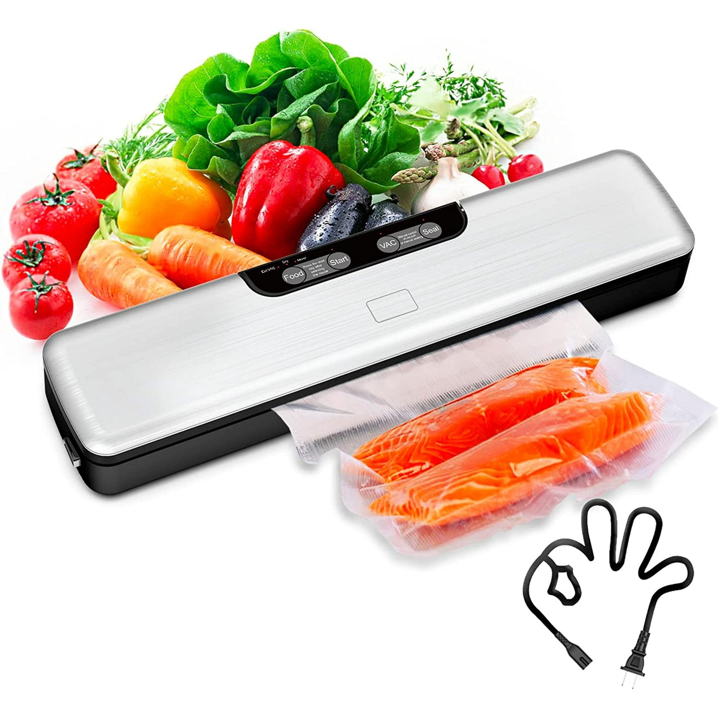 Food Vacuum Sealer Machine, Food Storage Saver Dry & Moist Food Modes, 5-in-1 Easy Options for Food Storage, with 5 Vacuum Seal Bags, Silver