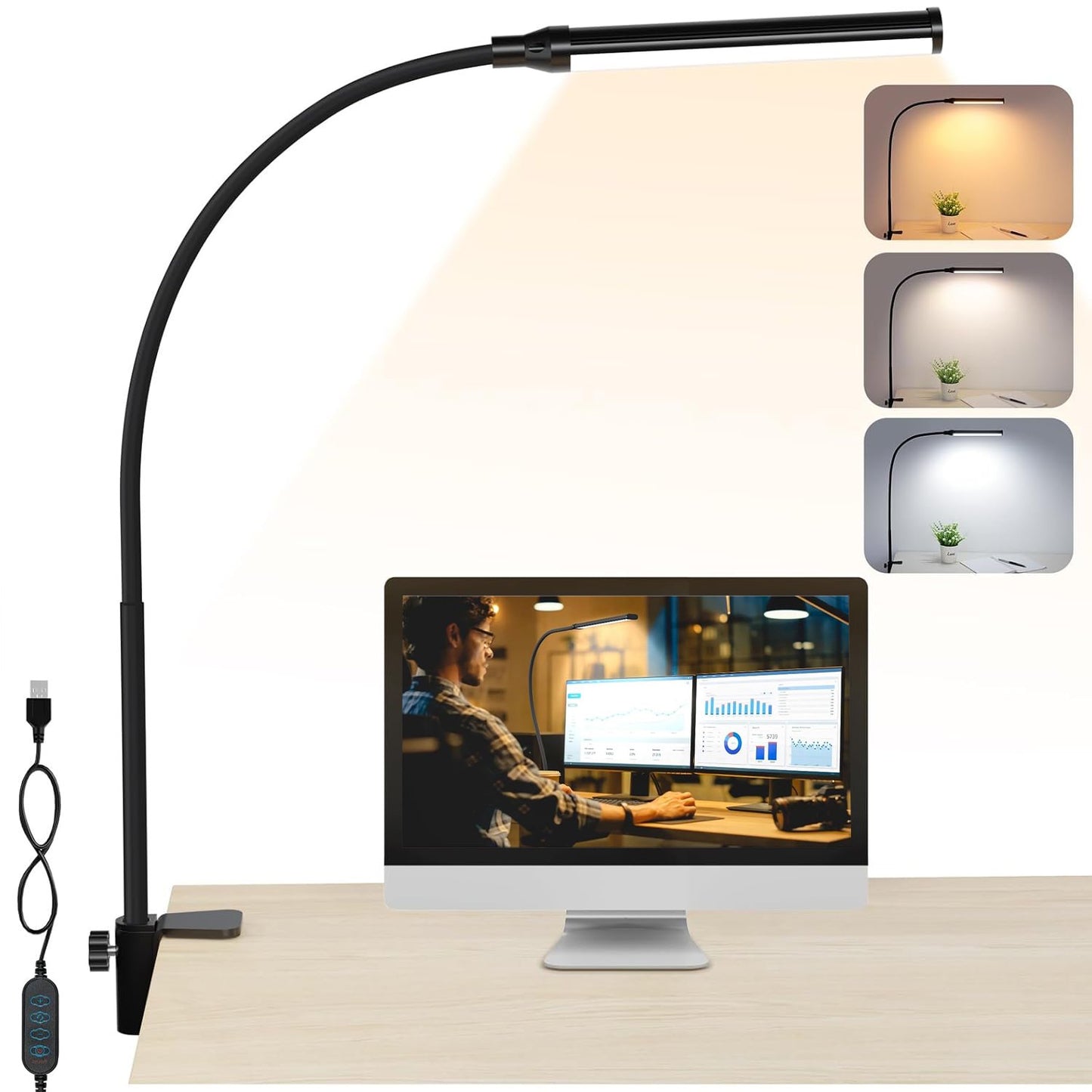 Behome LED Desk Lamp with Clamp, Clamp Light with 3 Color Modes & 10 Brightness, Long Flexible Gooseneck, Eye-Care Clamp Lamp for Study, Work, Black