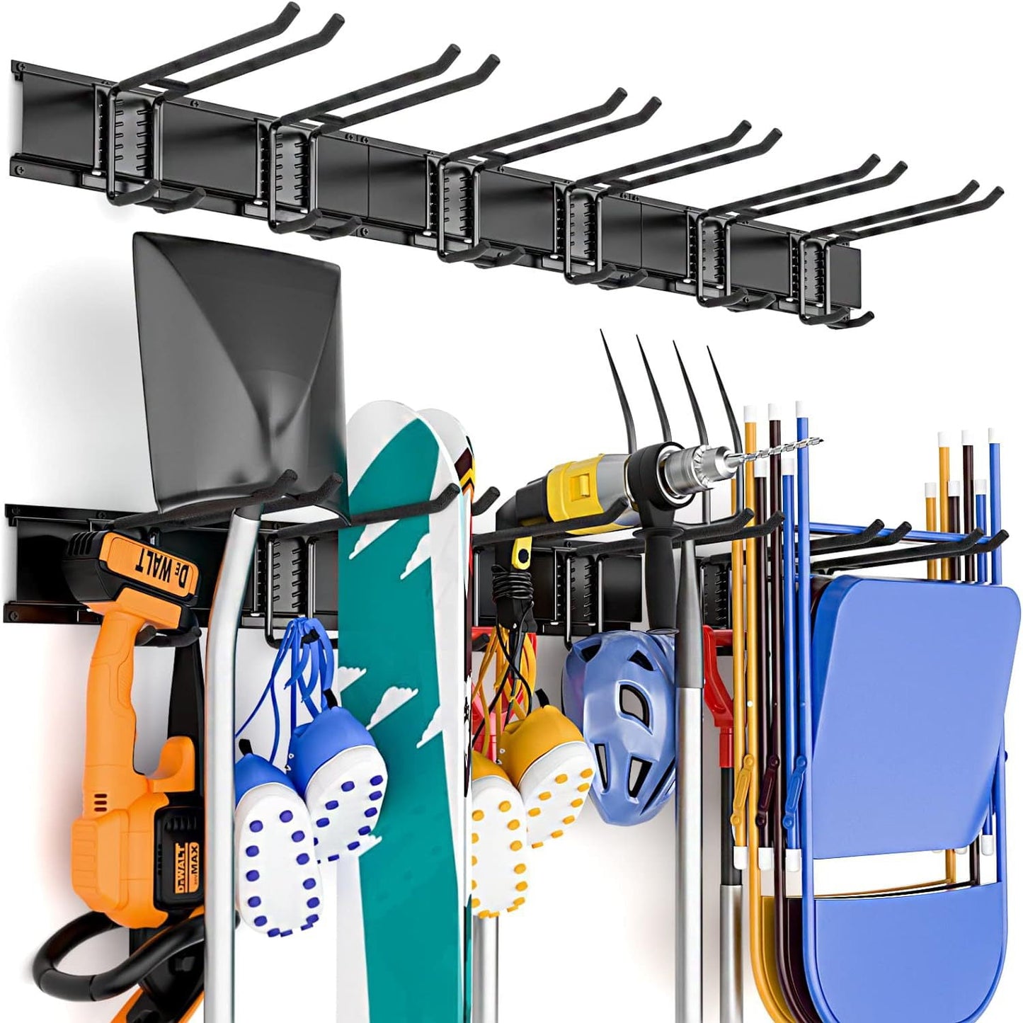 Behome Garage Tool Organizer Wall Mount, Heavy Duty Steel Garage Storage Rack, Max 440lbs Adjustable Garden Tool Organizer with 6 Hooks for Shovels, Power Tools