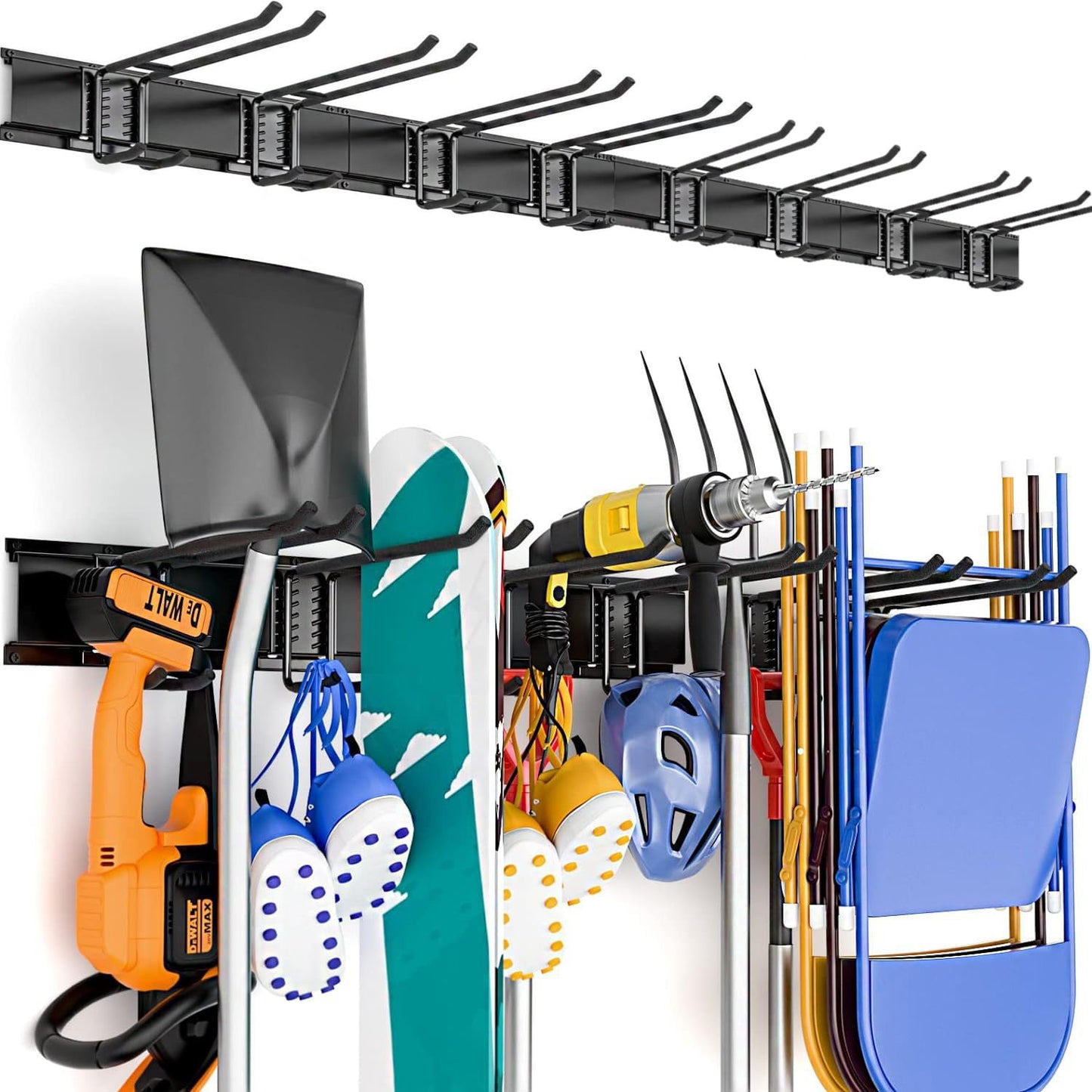 Behome Garage Tool Organizer Wall Mount, Heavy Duty Steel Garage Storage Rack, Max 620lbs Adjustable Garden Tool Organizer with 8 Hooks for Shovels, Power Tools