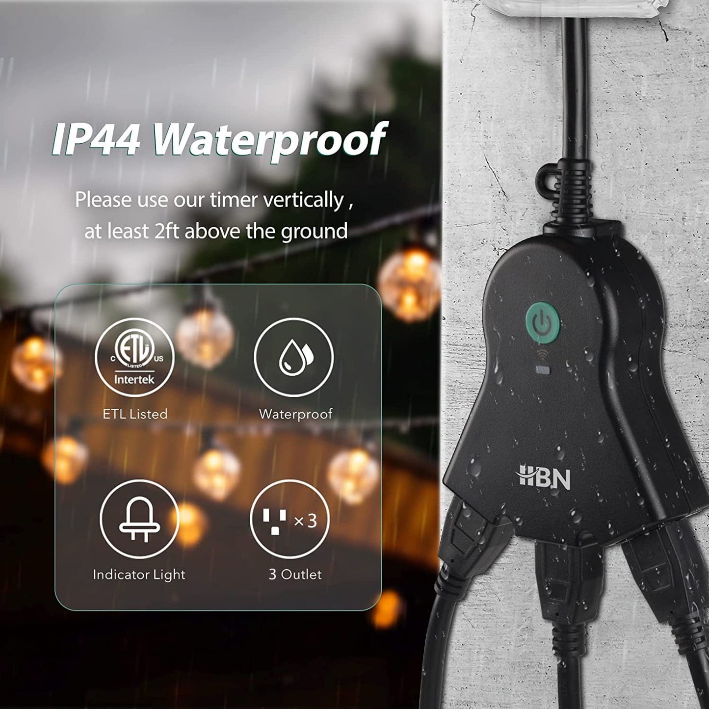 HBN Outdoor Smart Plug, Wi-Fi Heavy Duty Outlet with 3 Independent Outlets, Compatible with Alexa and Google Assistant, IP44 Waterproof, Voice & Remote Control Outlet, No Hub Required, ETL Listed